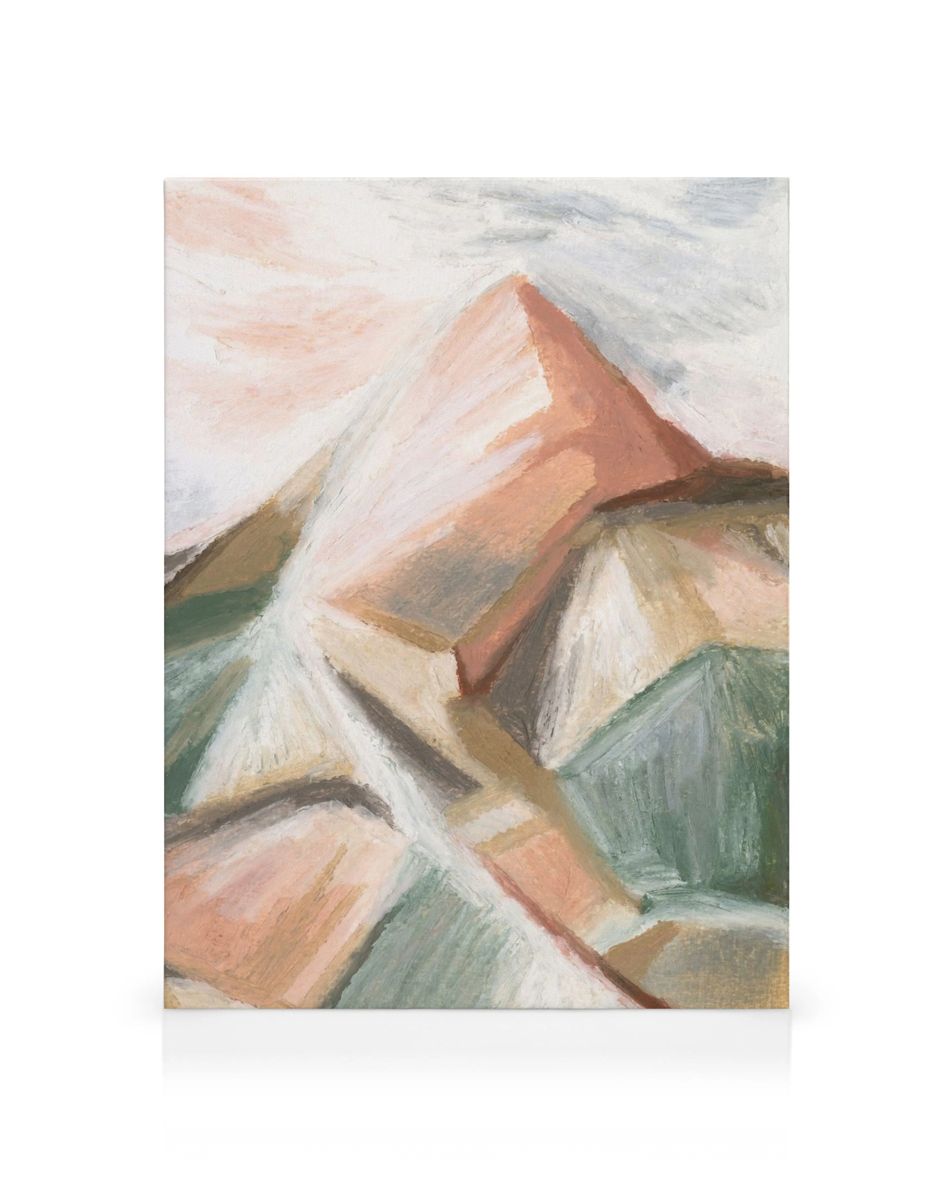 Abstrakt lærredskunst med bjerge i pastelfarver, jordfarver, nuancer af grøn og beige, landskab