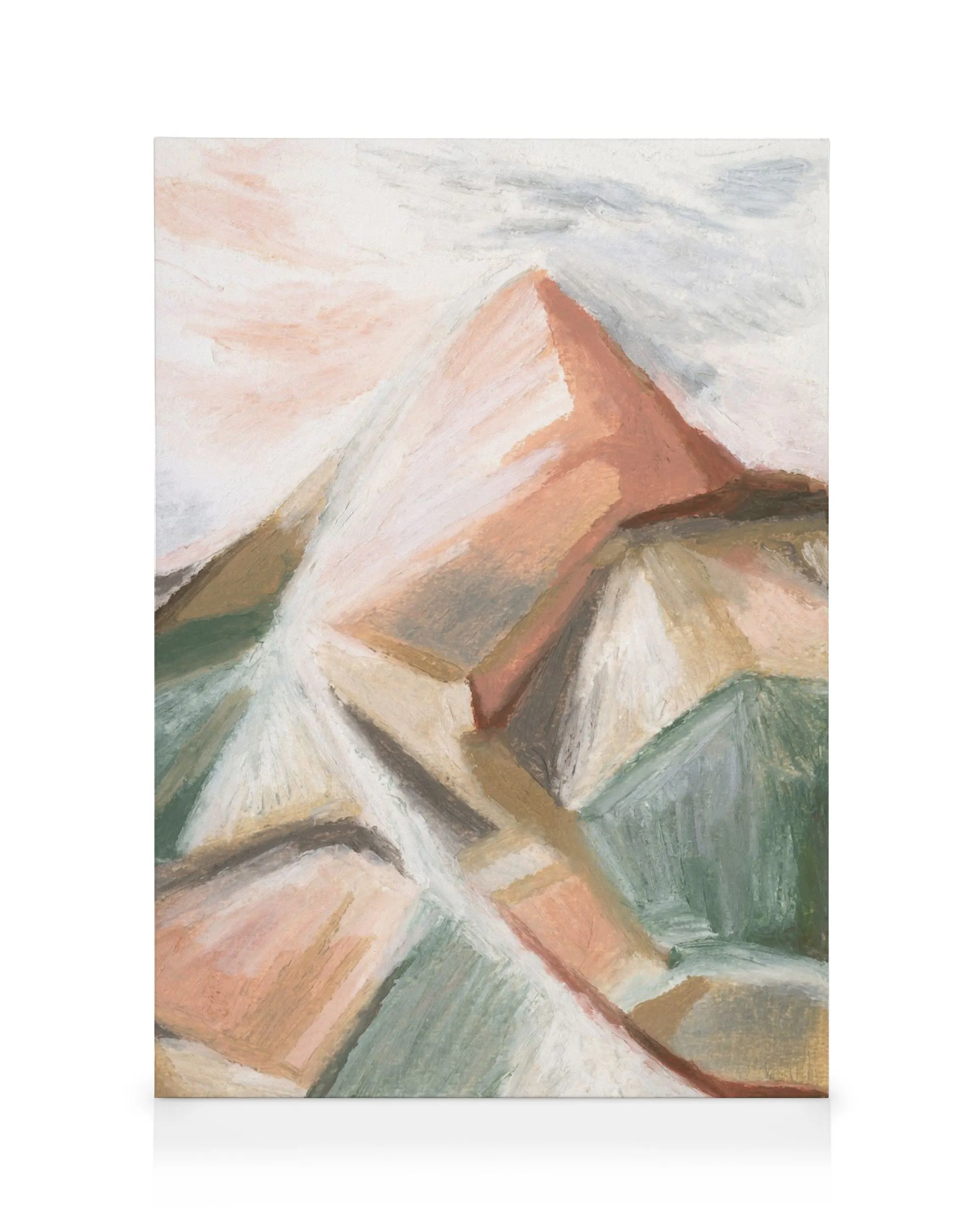 Abstrakt lærredskunst med bjerge i pastelfarver, jordfarver, nuancer af grøn og beige, landskab