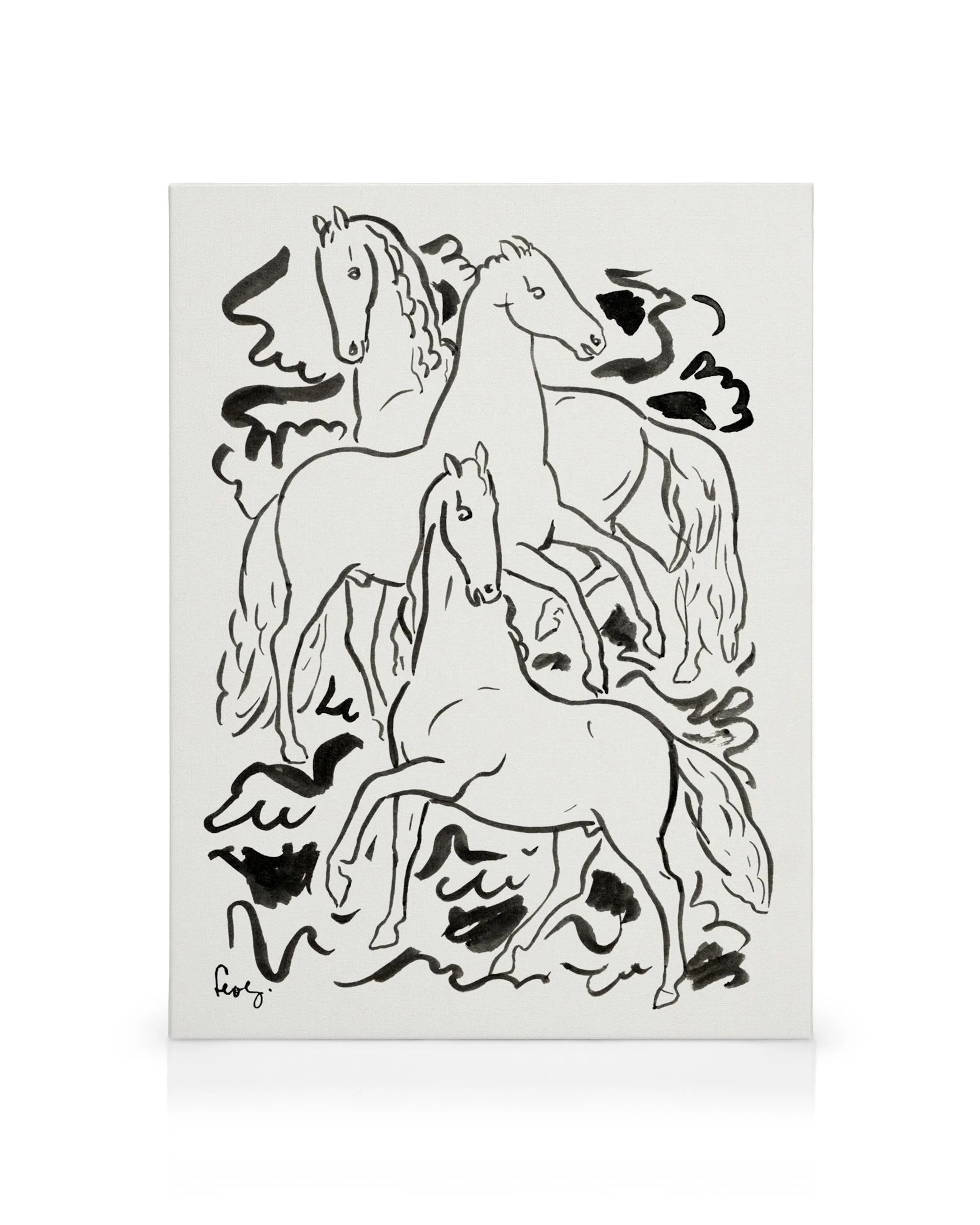 Black and white canvas print featuring three expressive horses drawn with loose, wavy lines.