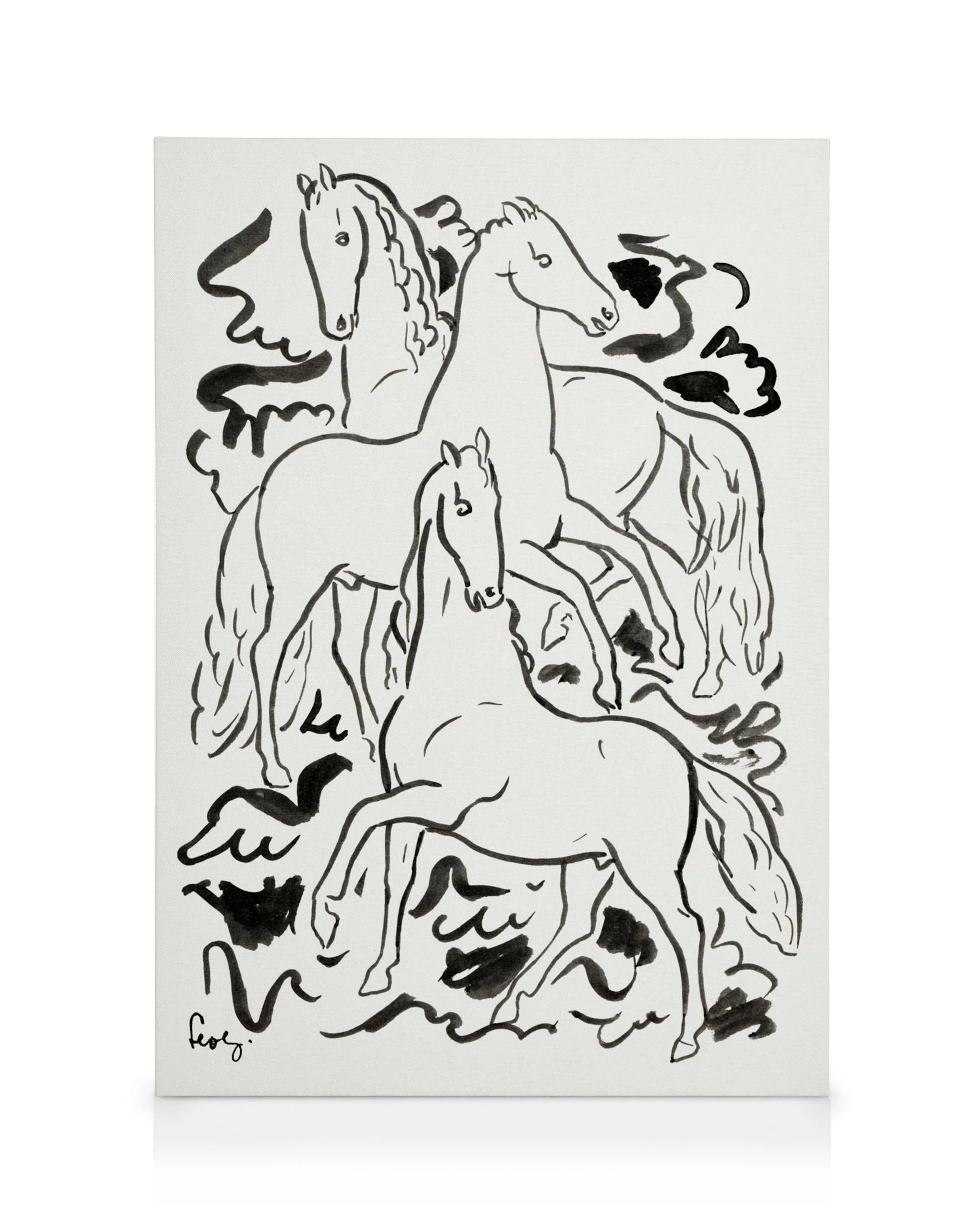 Canvas Leo Gestel: Drie expressieve paarden in zwarte inktlijnen op witte achtergrond met vlekken.