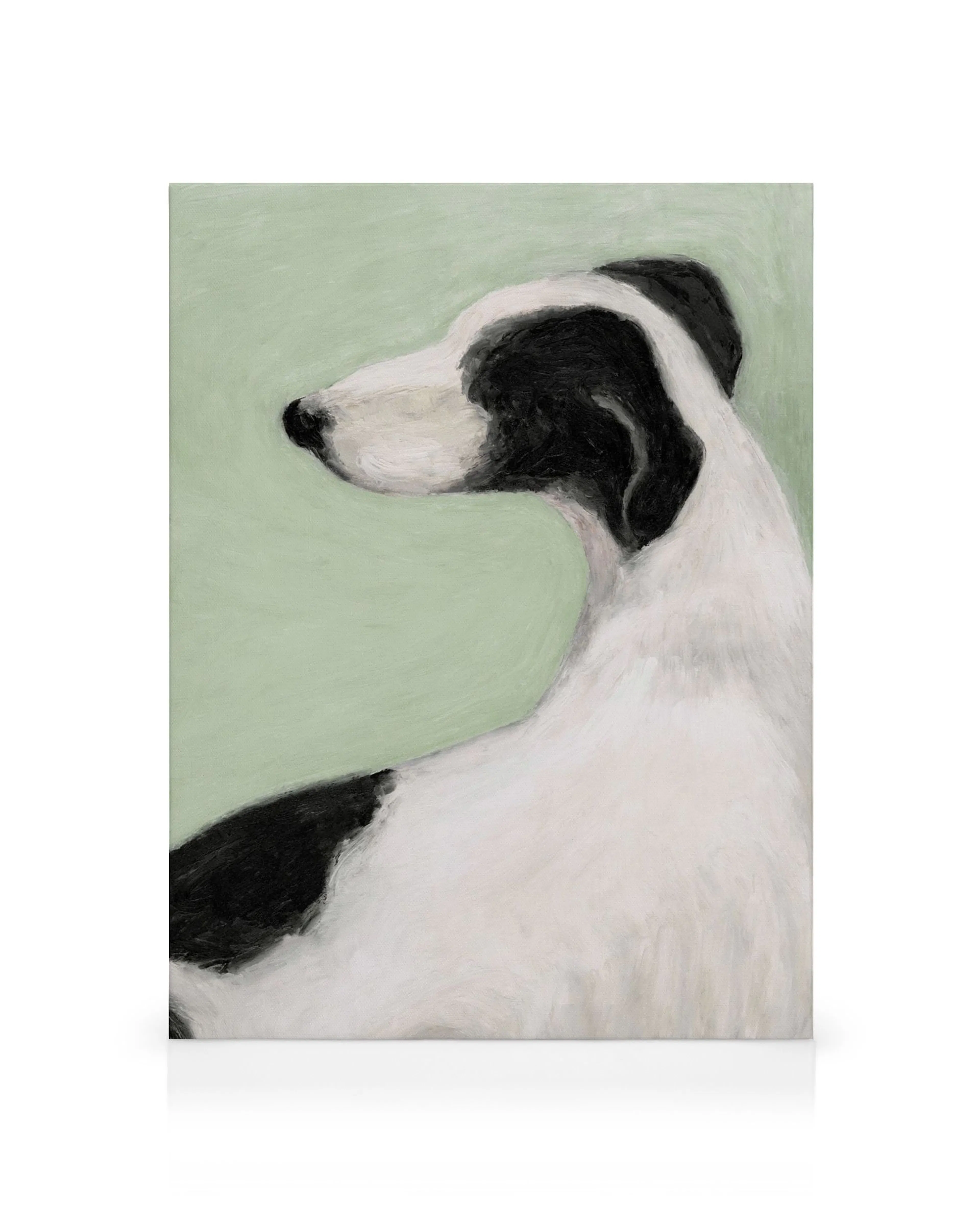 Black and white greyhound dog profile on a green background, painted on canvas print.