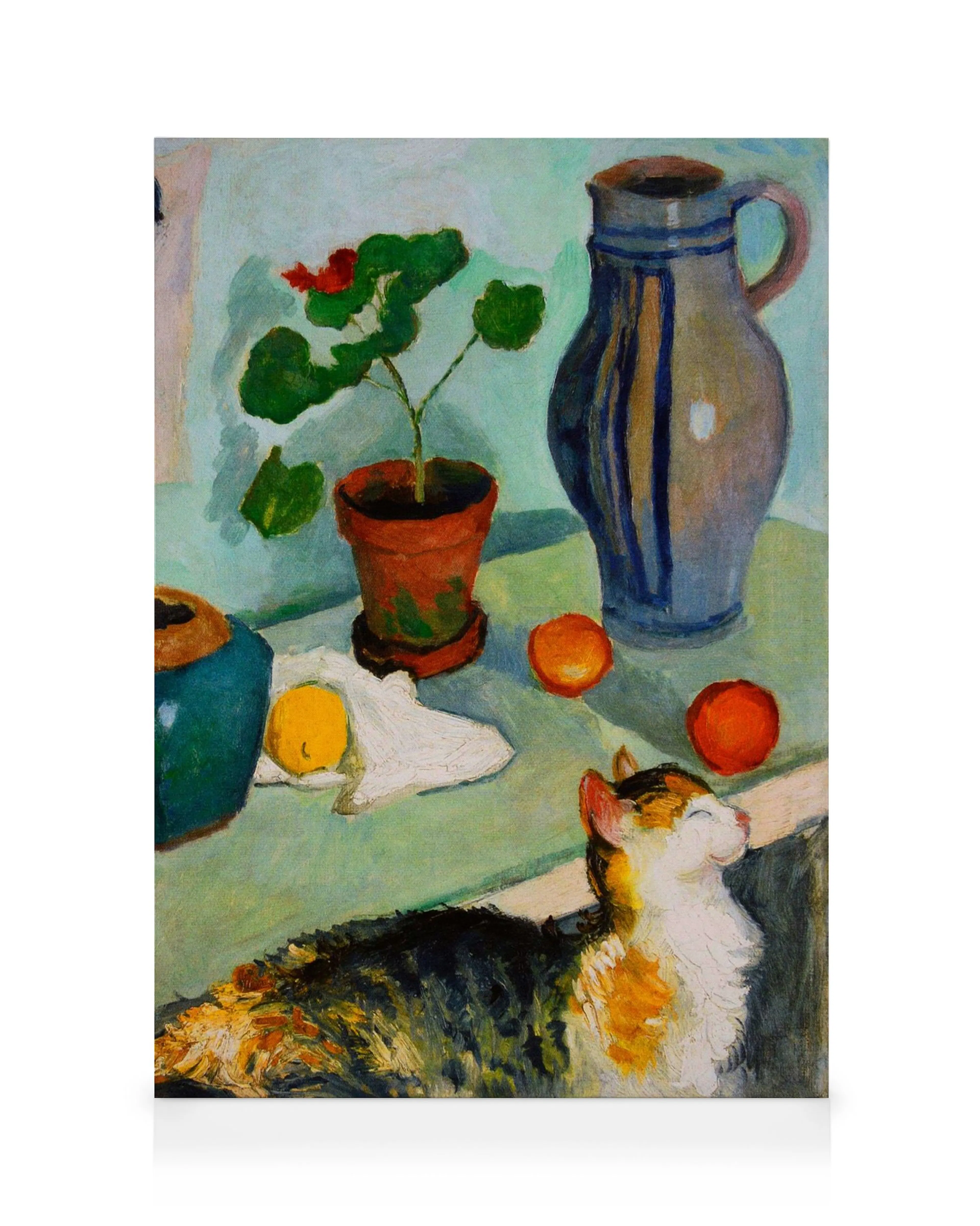 Pintura de August Macke, El fantasma en los puestos de la casa, con un gato, maceta, jarra y frutas sobre una mesa.