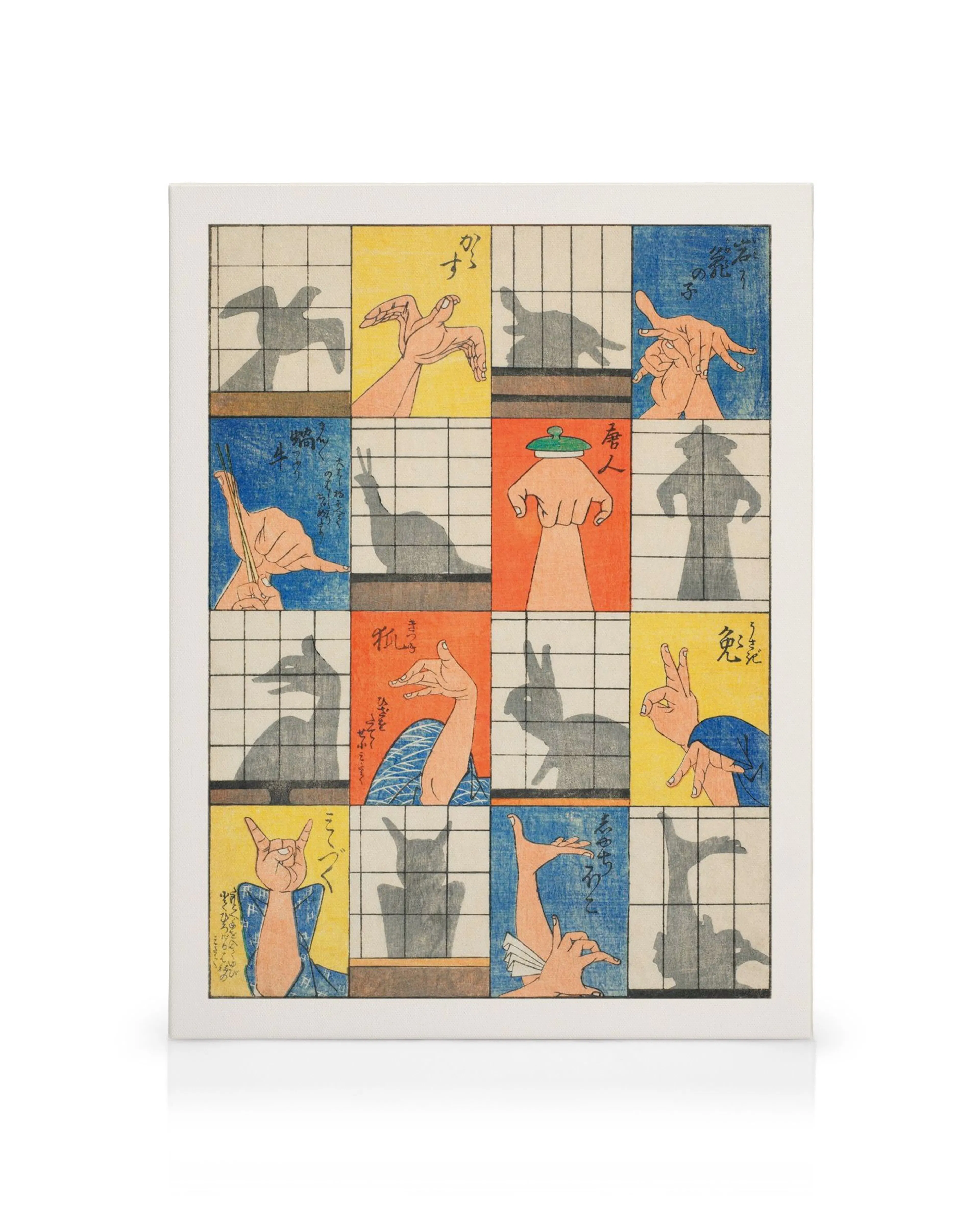 Ukiyo-e-Druck: Raster bunter Quadrate mit Händen, die Tierschattenfiguren und japanischen Text bilden.