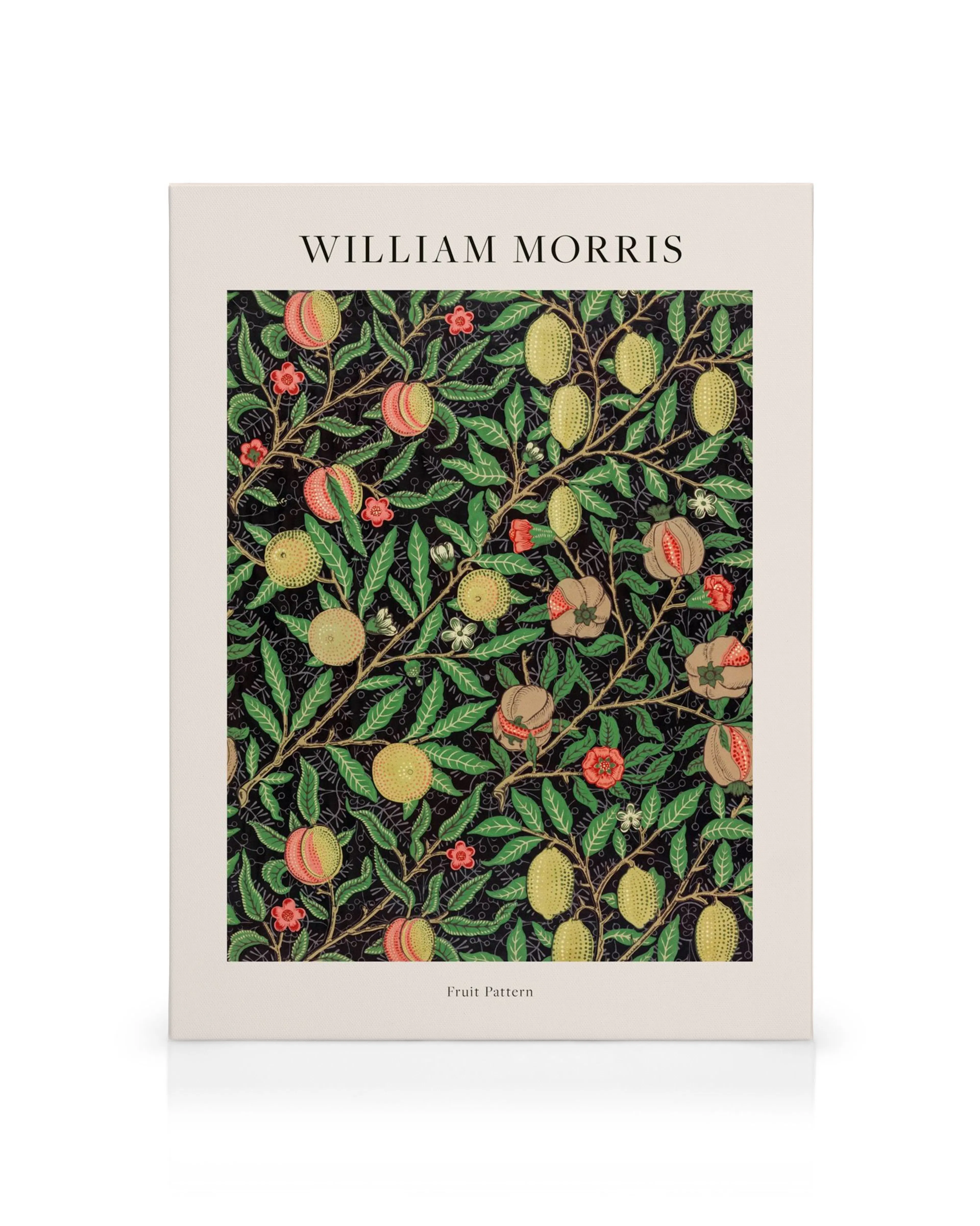William Morris Fruit Pattern canvas print, featuring vibrant fruit and foliage on a dark background.