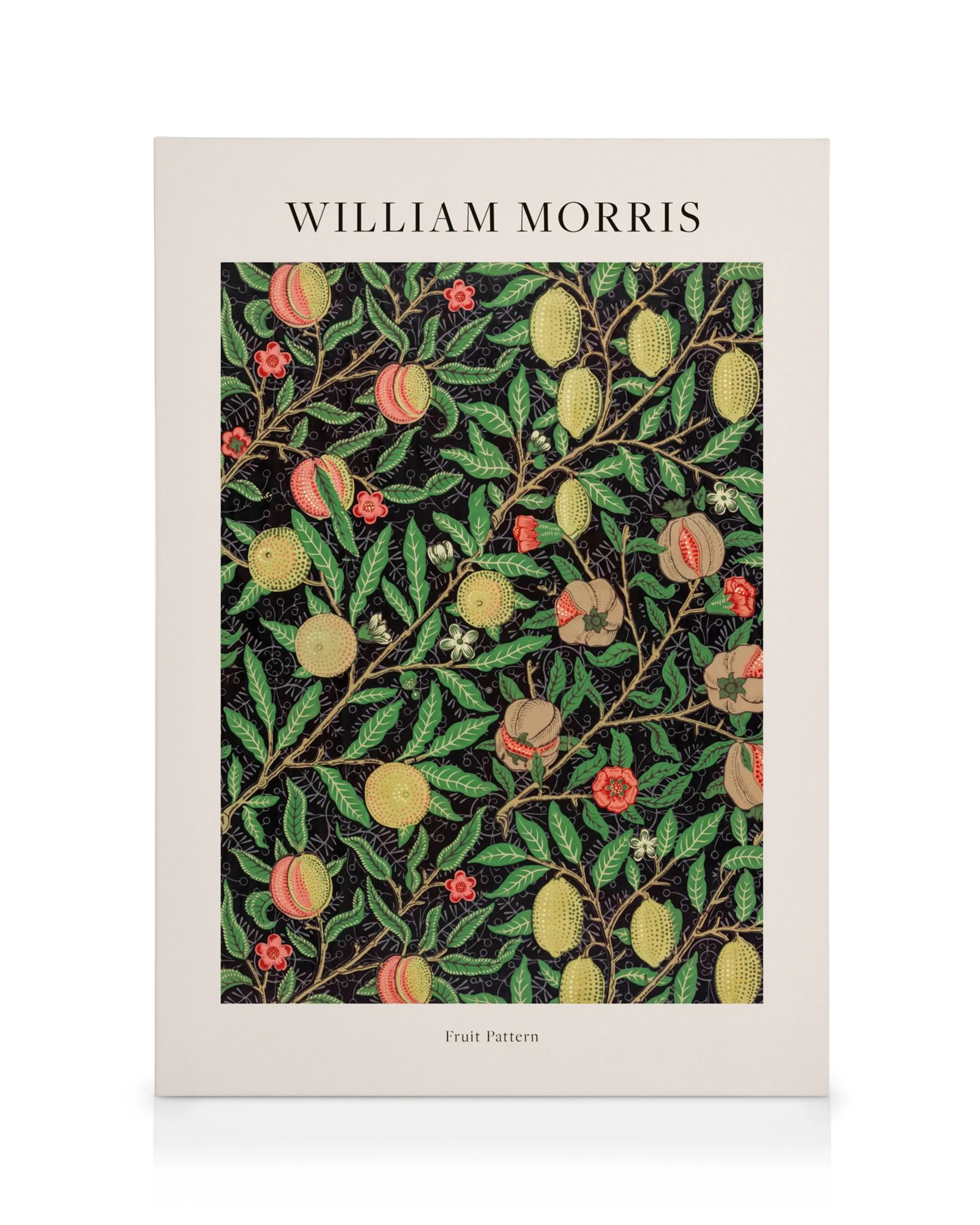 Stampa William Morris con motivo a frutta stilizzata gialla e rossa, foglie verdi e fiori bianchi su nero.