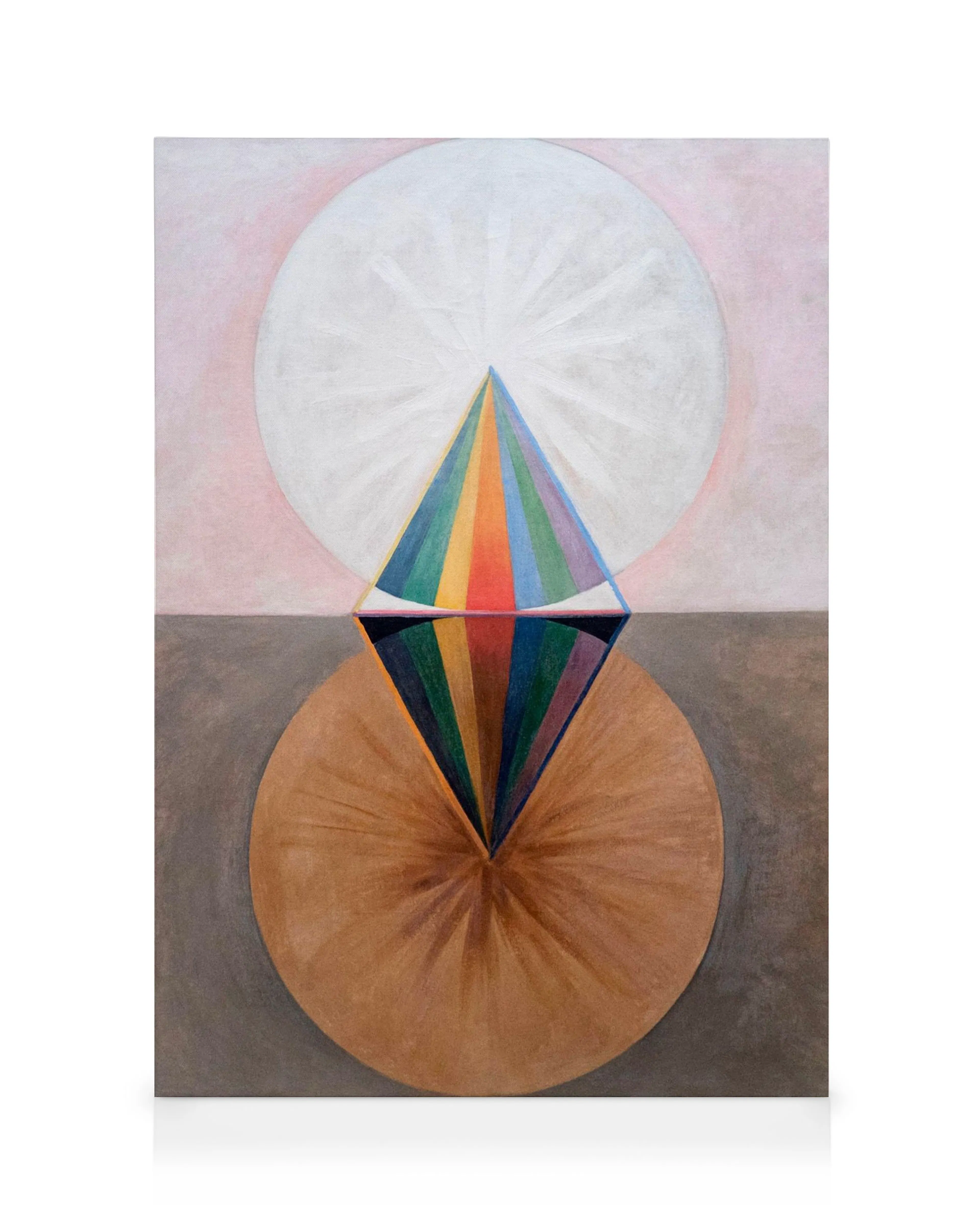 Canvas Hilma Af Klint - The Swan, No. 12, Groep IX SUW: kleurrijke driehoek met cirkels op roze, grijze achtergrond.