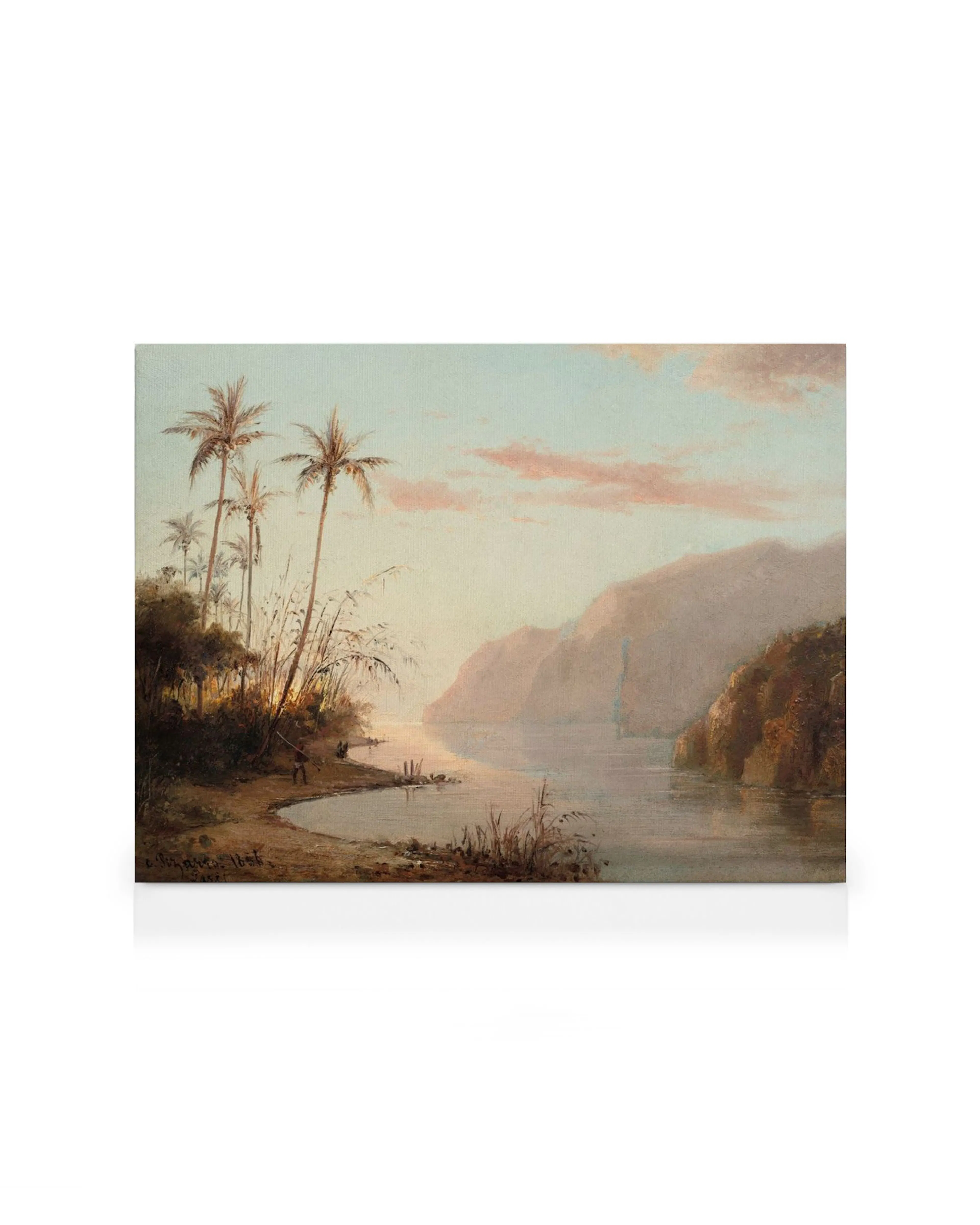 Pintura impresionista de arroyo en St. Thomas con palmeras, montañas y cielo rosado, por Camille Pissarro.