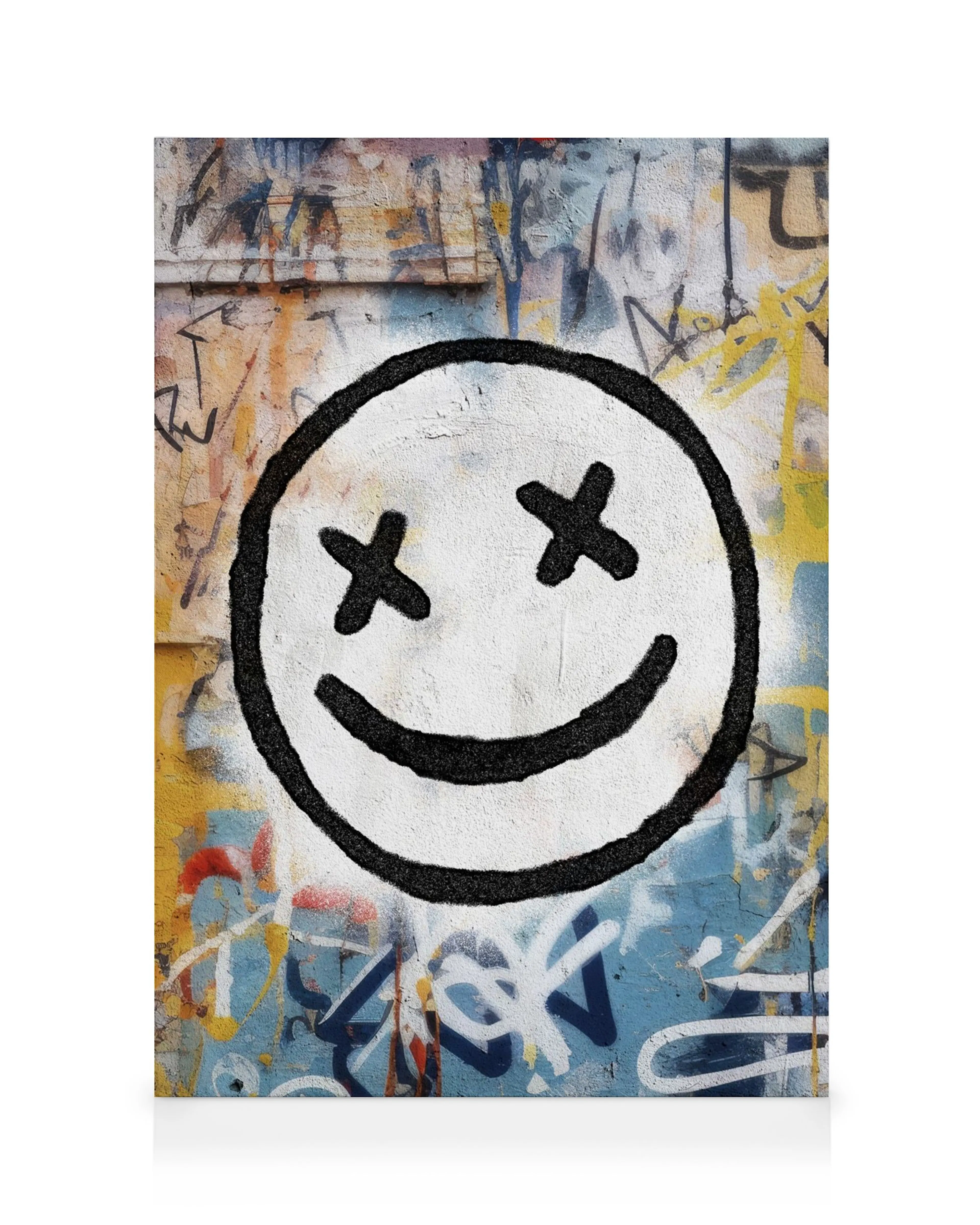 Graffiti smajlík s X očima na barevném plátně