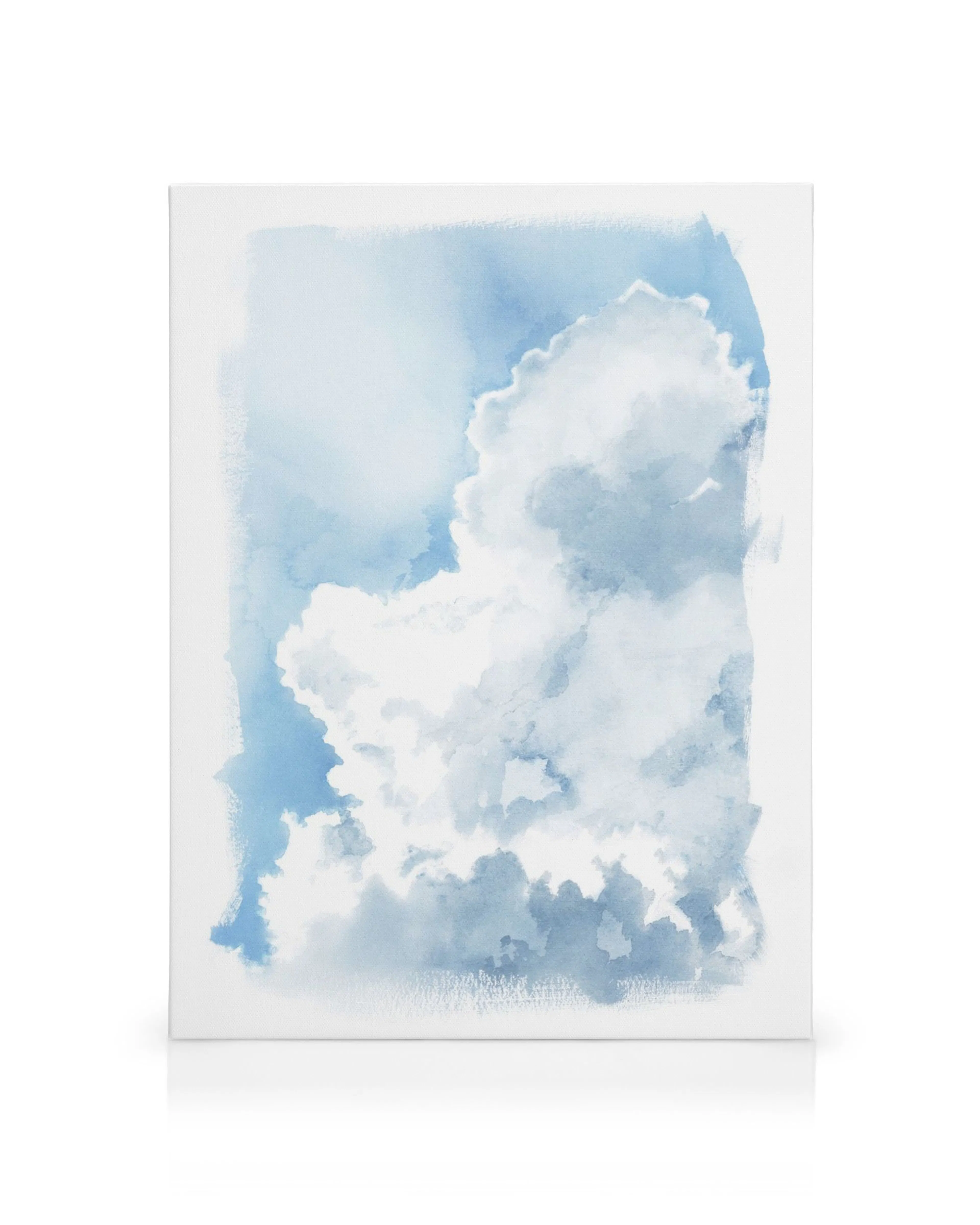 Watercolor painting of large, fluffy white and light blue clouds against a pale blue sky, creating a dreamy, ethereal sky scene.