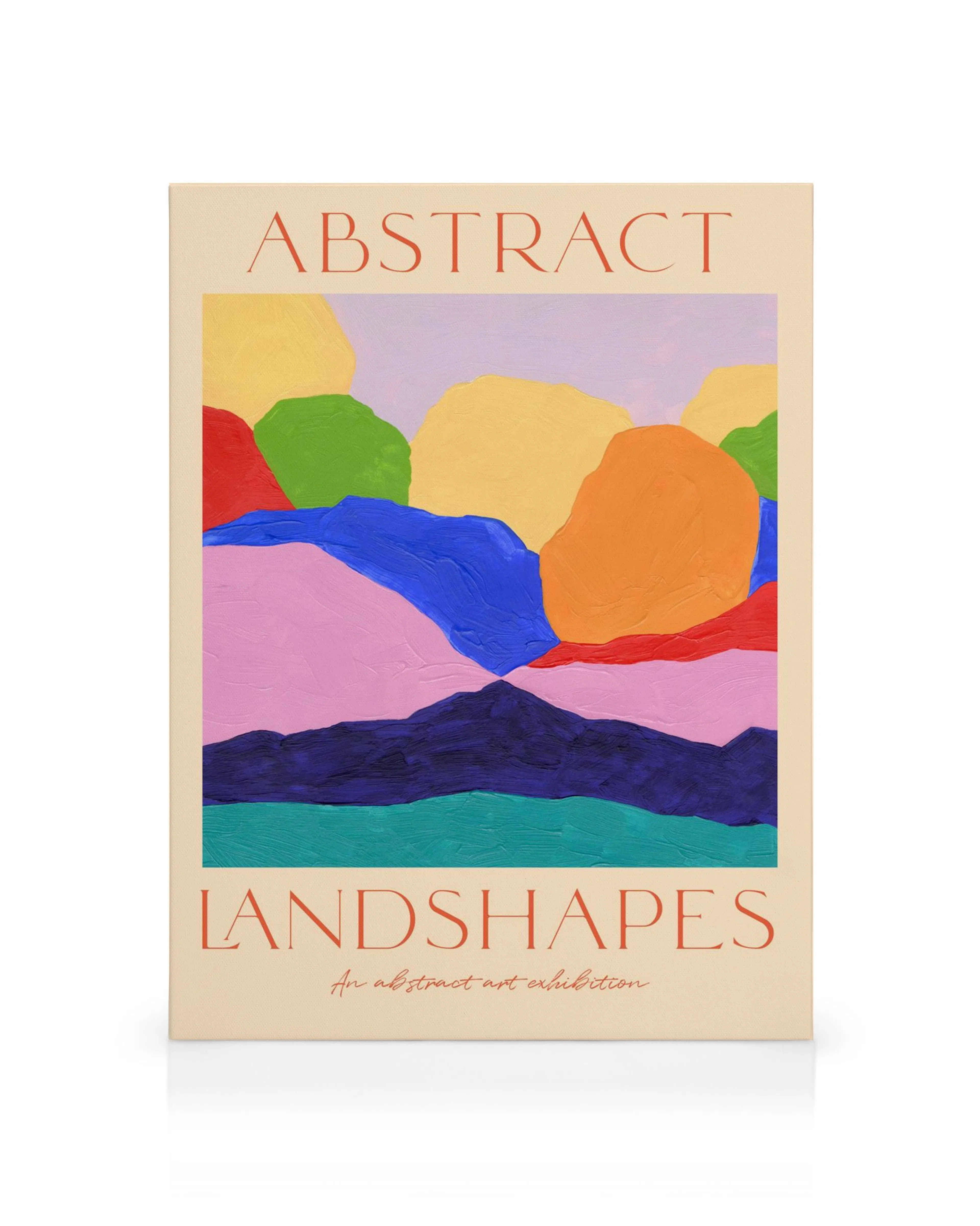 Toile abstraite colorée avec des formes de montagnes, mots Abstract et Landshapes en lettrage rouge.