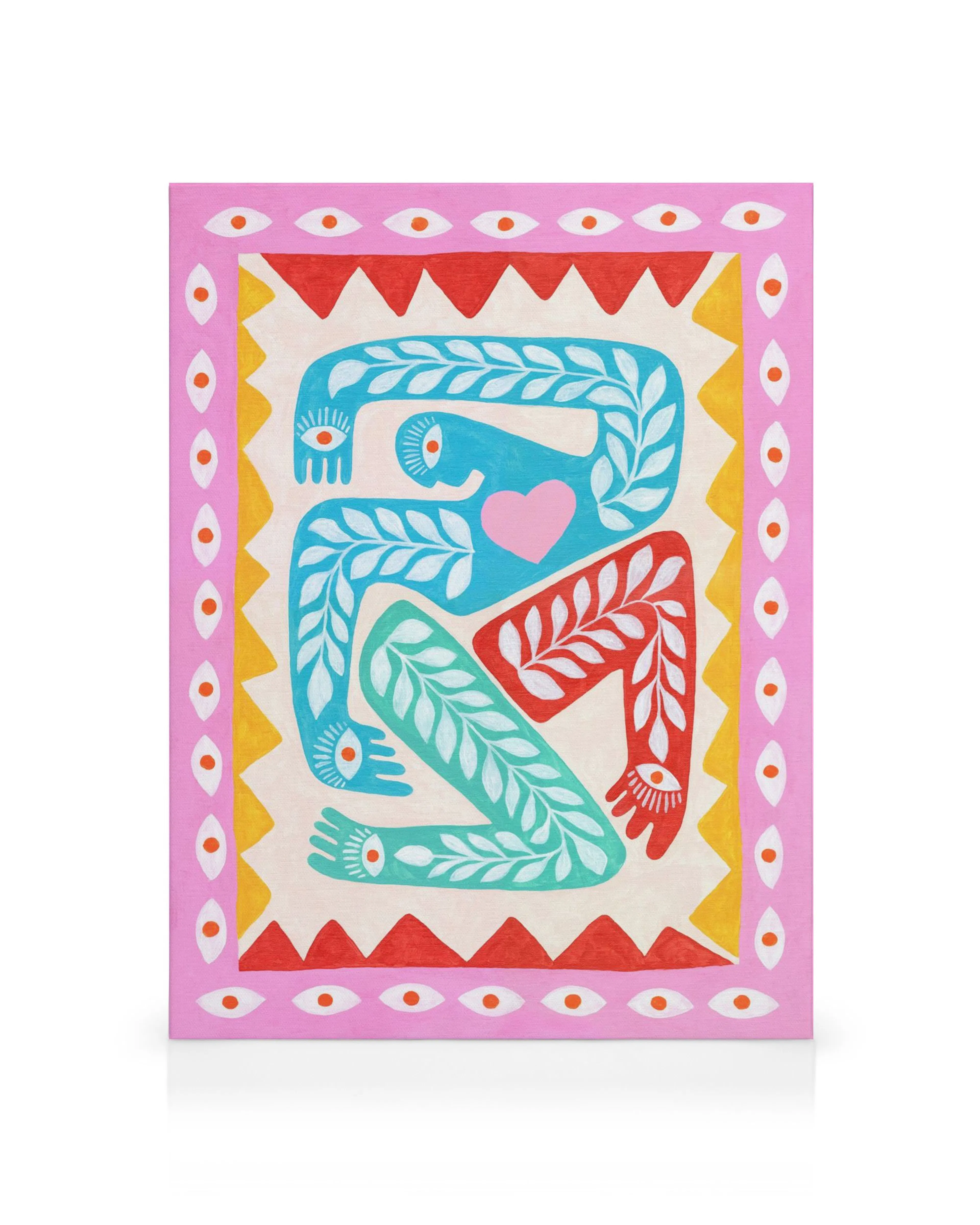 Vibrant folk art canvas print with a stylized figure, teal, red, and green limbs adorned with white leaves, a pink heart, and ey