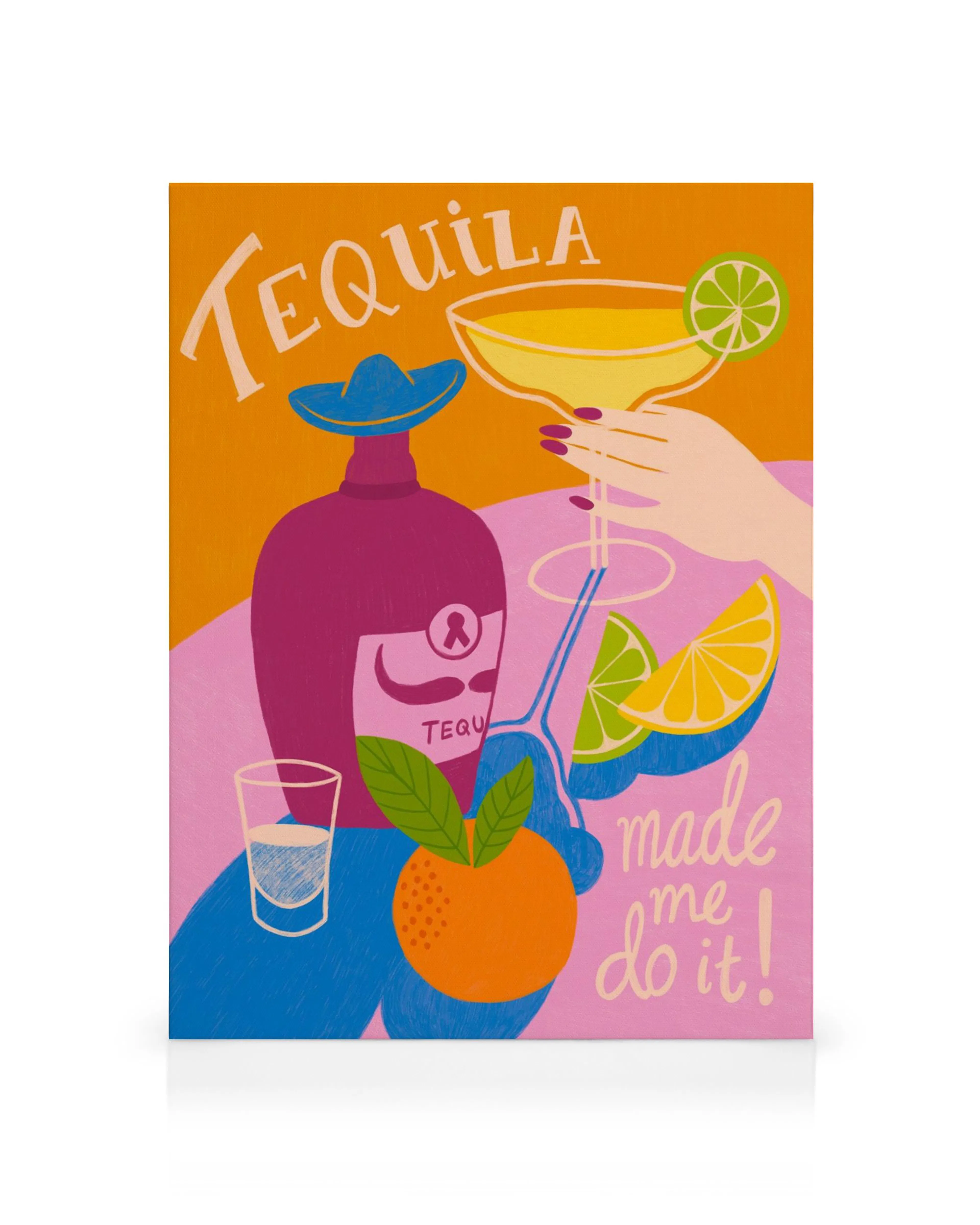 Ilustración vibrante de botella de tequila, margarita, cítricos y texto Tequila Made Me Do It! para decoración de bar.
