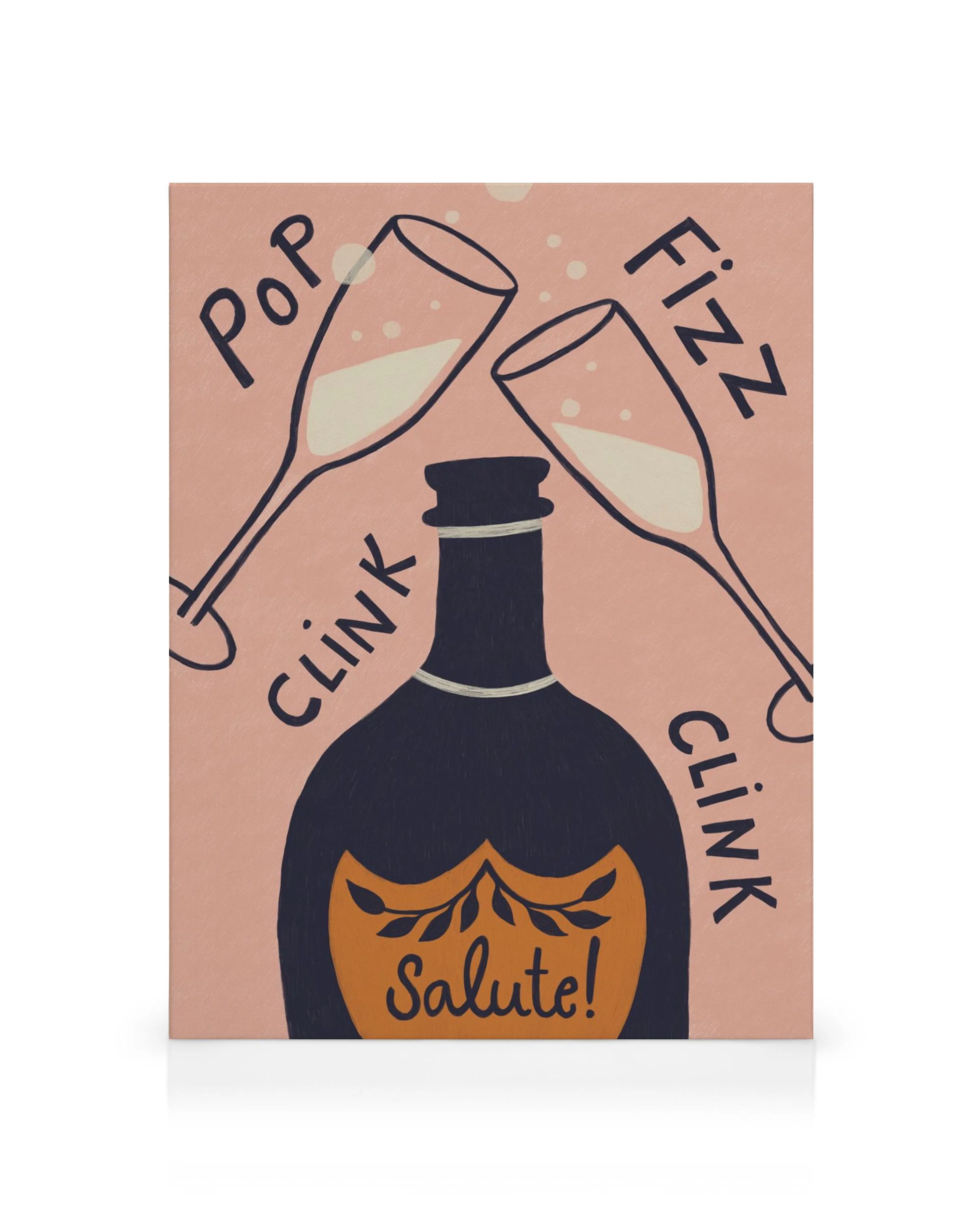 Vibrant Pop Fizz champagne canvas print with two clinking glasses, a black bottle, and Salute! on a pink background.