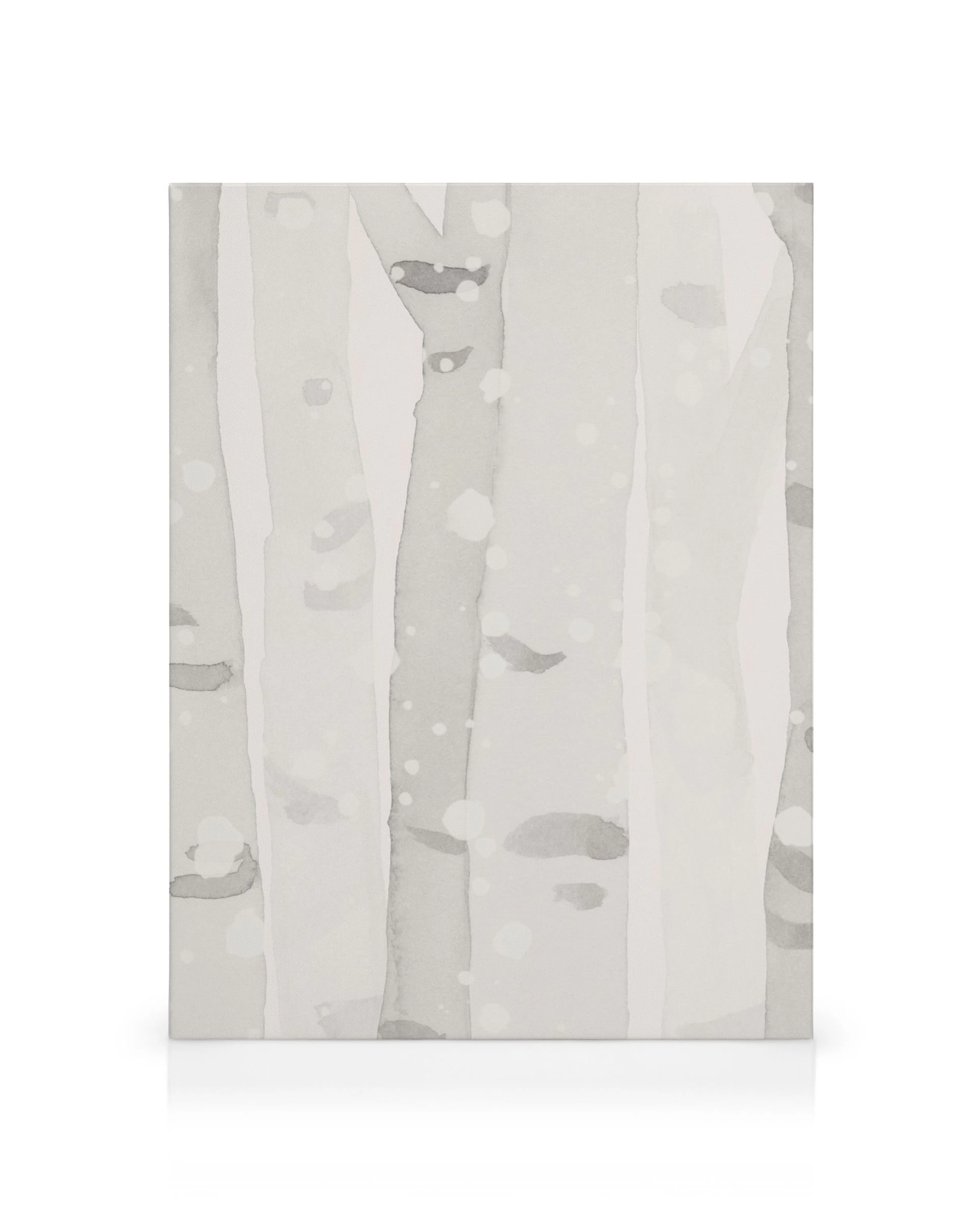 Lienzo de bosque de abedules nevado, tonos grises y blancos, trazos verticales, estilo naturalista.