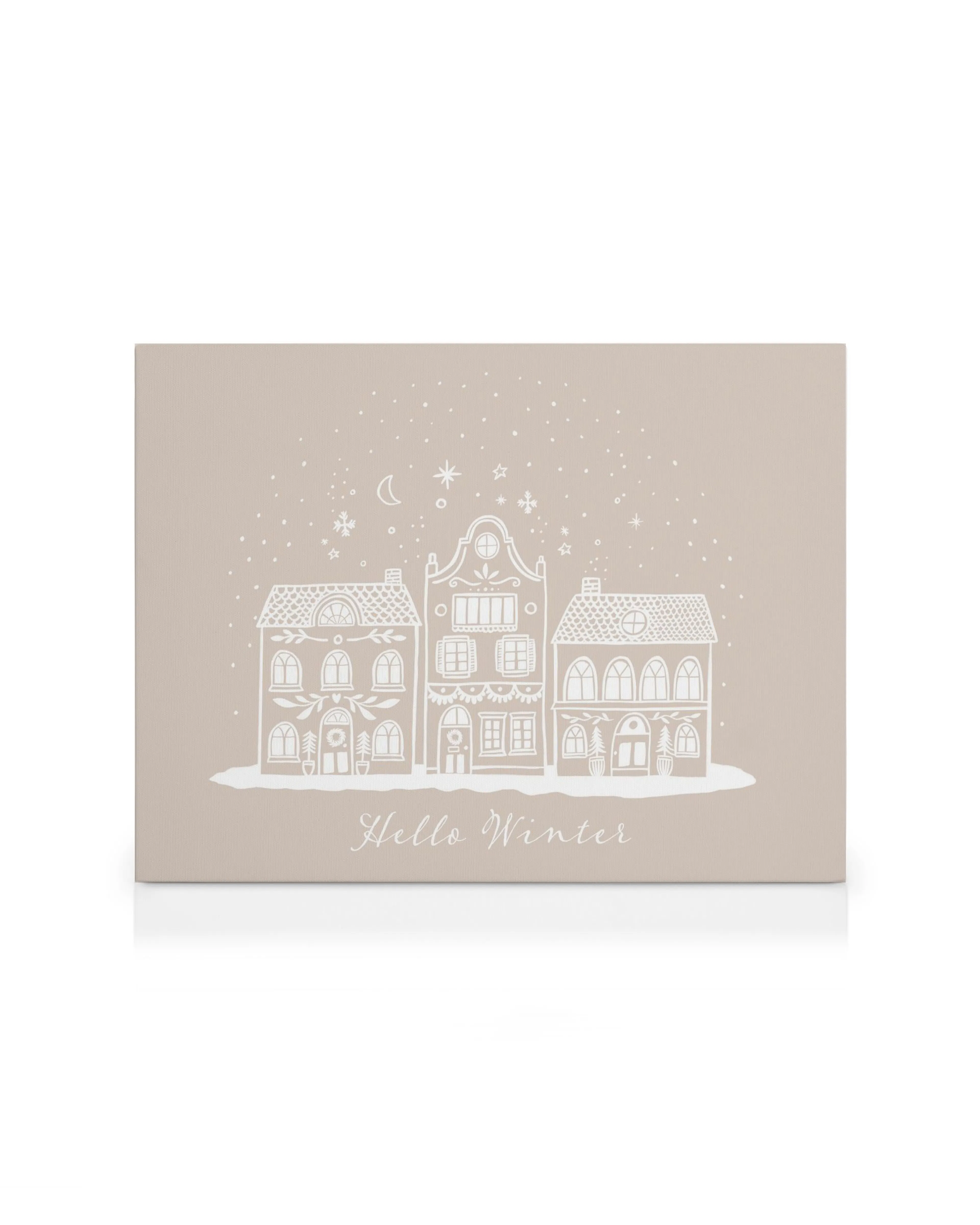 Winter village scene canvas, white line art houses with snow on a beige background, Hello Winter text.
