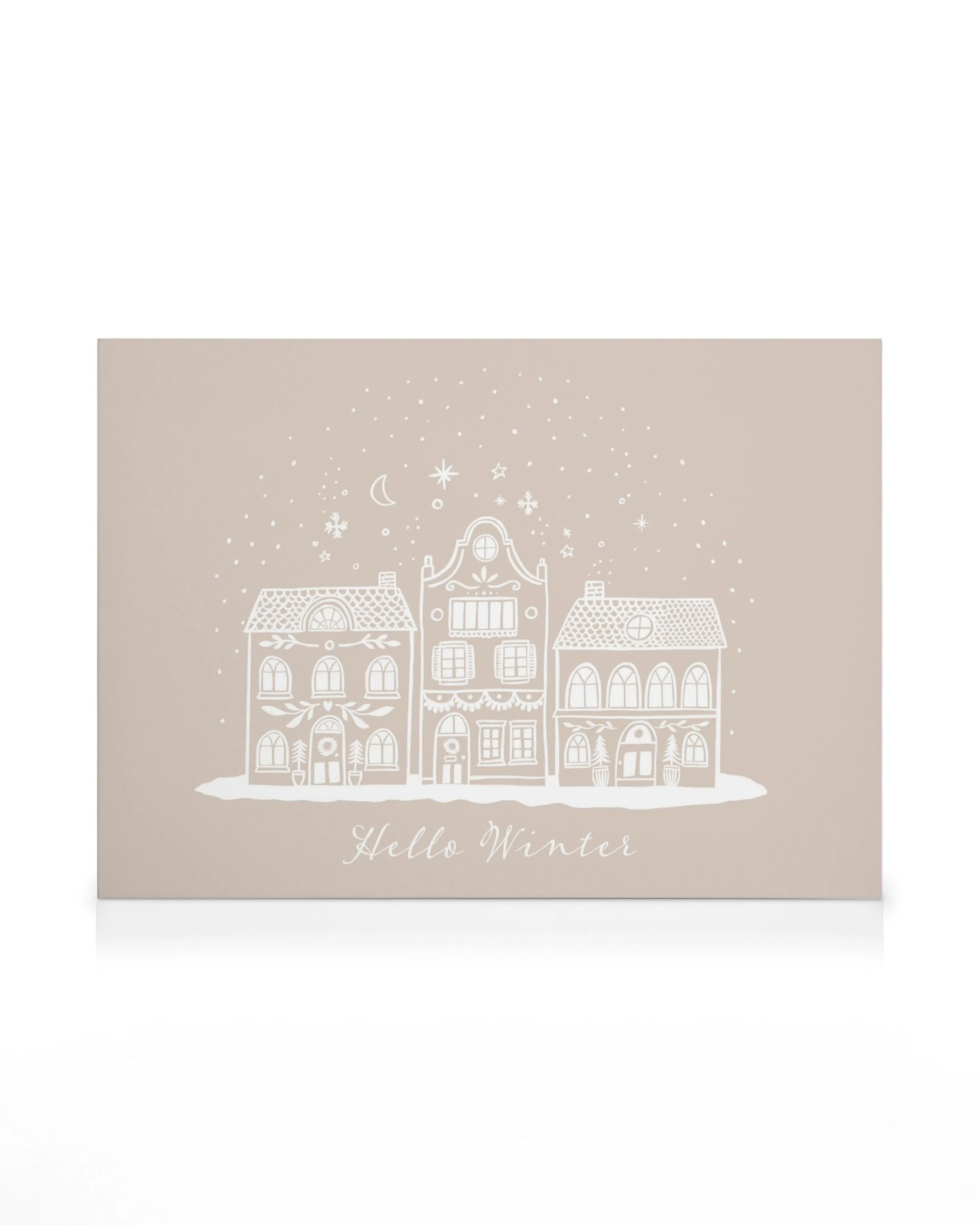 Tela decorativa com casas de inverno desenhadas à mão, flocos de neve e estrelas num fundo claro, ideal para o inverno.