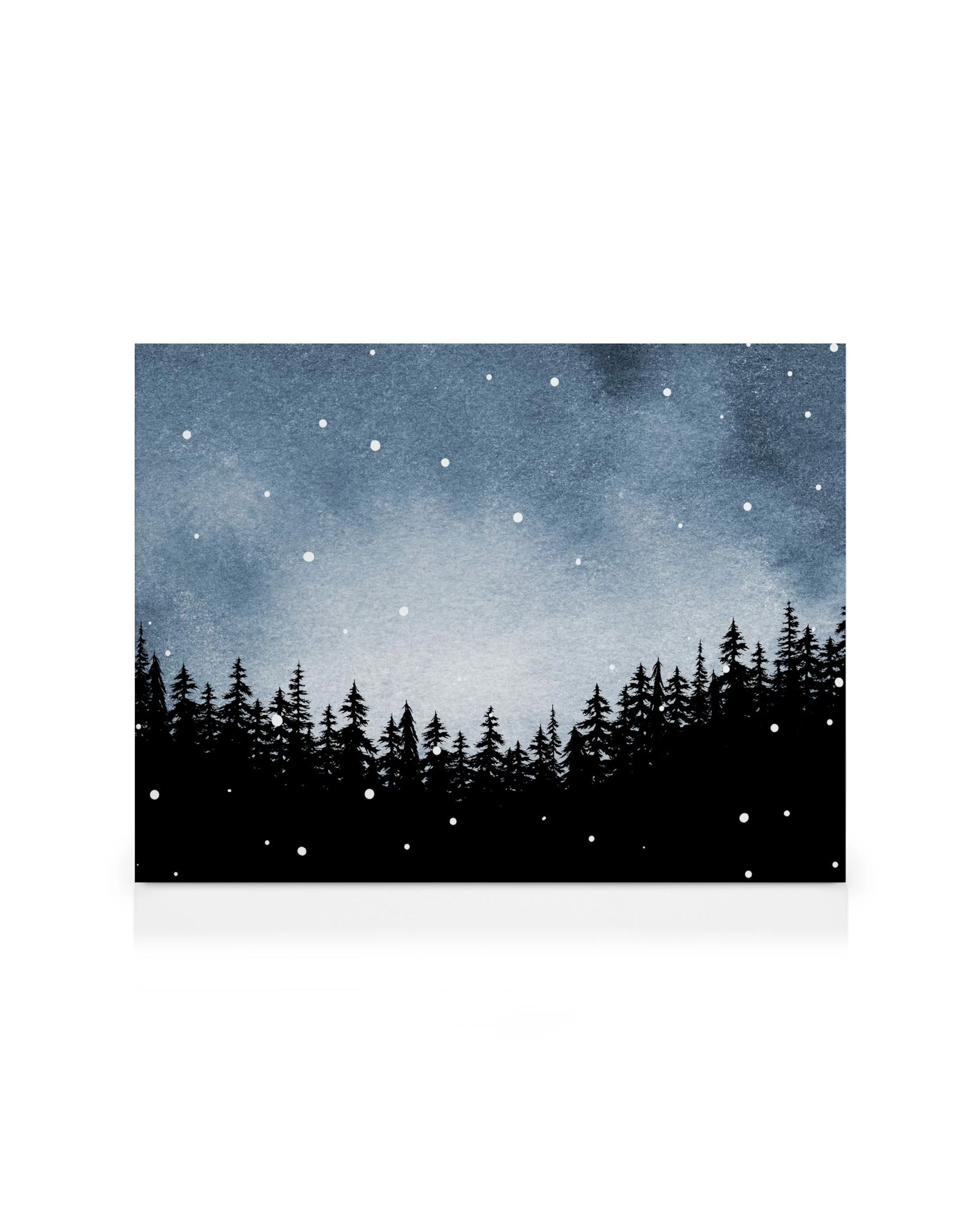 Enchanting Night canvas print, a serene snowy forest at night with a blue-black gradient sky and white snowflakes.