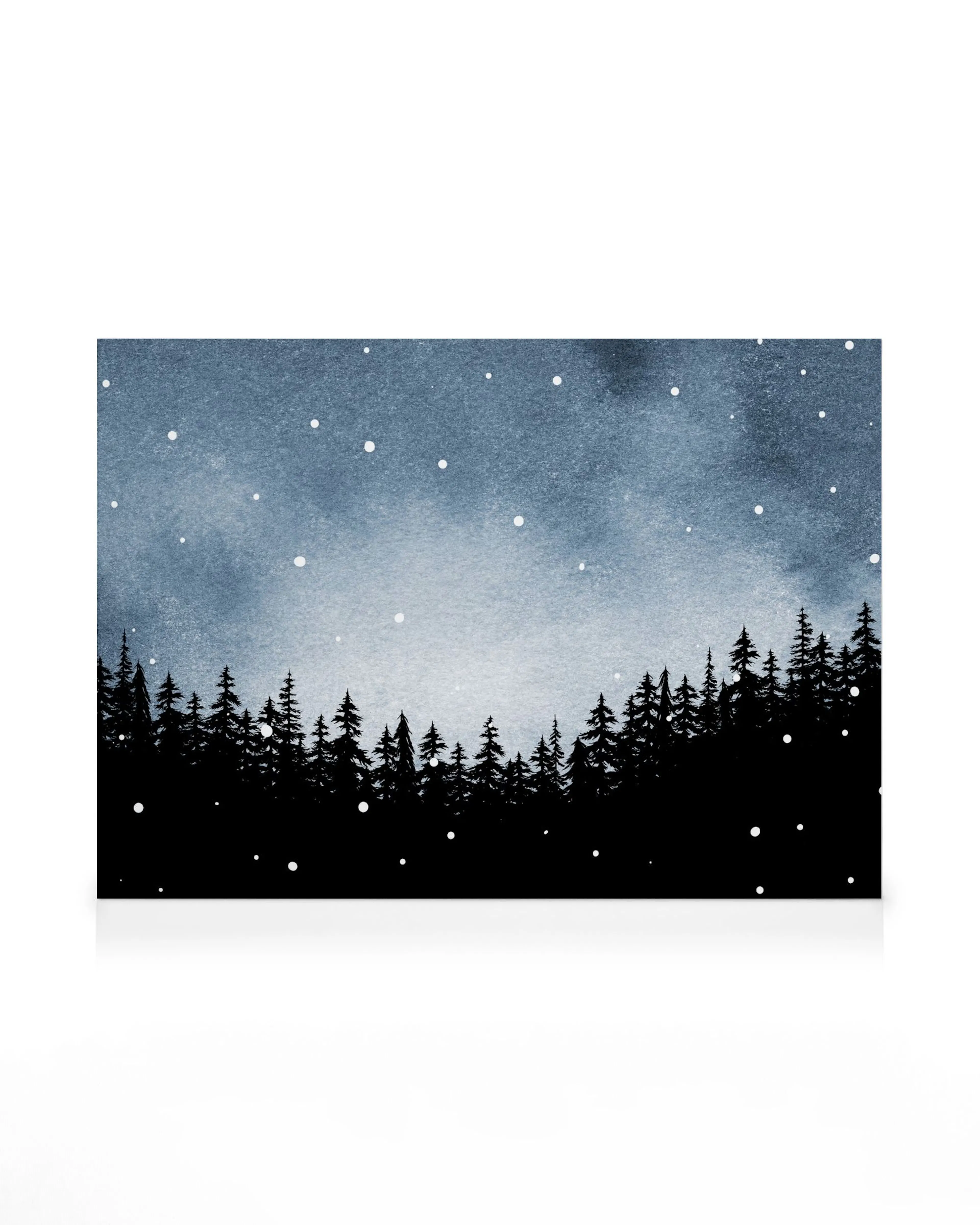 Hand-painted canvas print depicting a snowy night with dark silhouetted trees against a gradient blue and black sky.