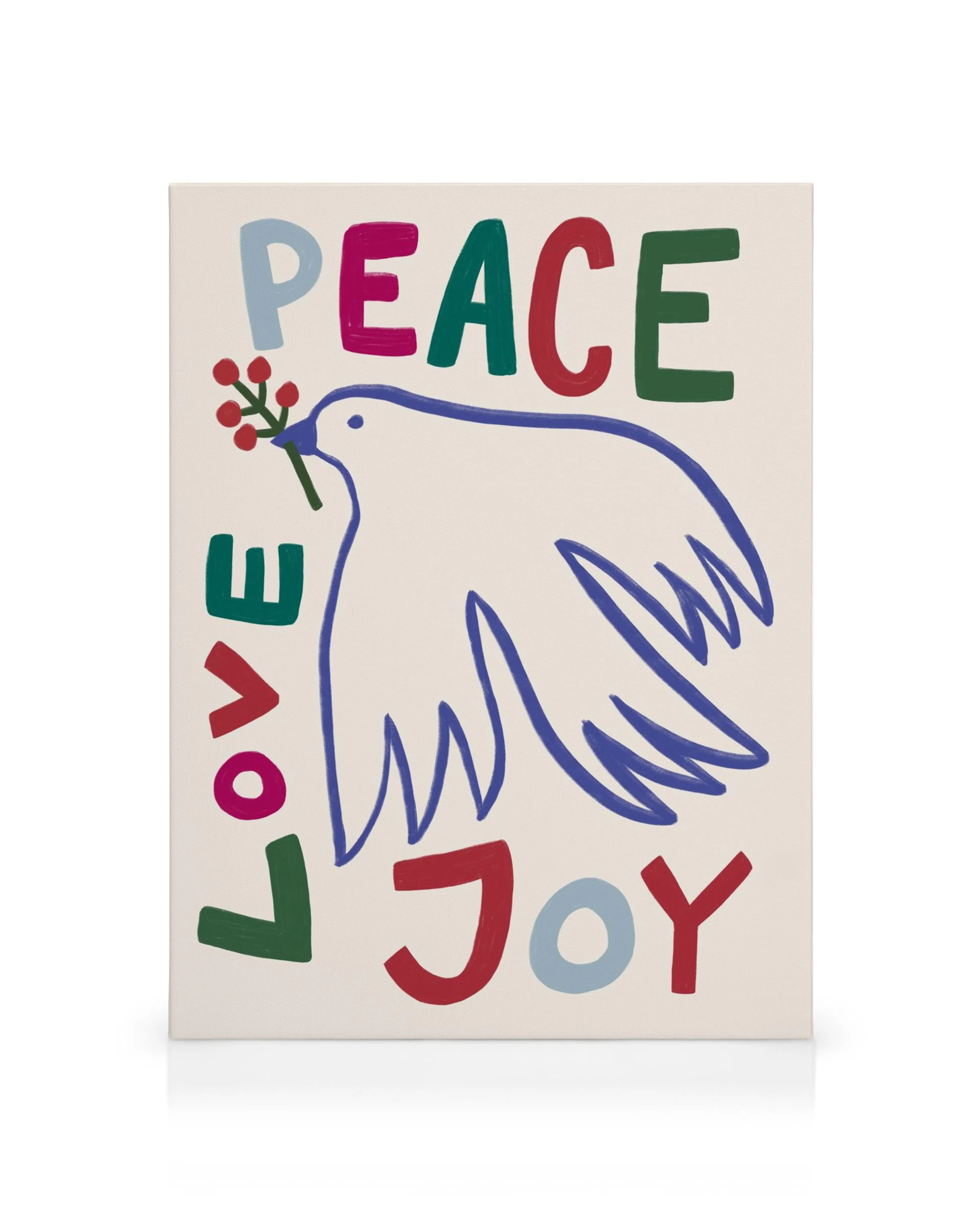 Obraz na plátně s bílou holubicí, červenými bobulemi a barevným nápisem Peace, Love, Joy.