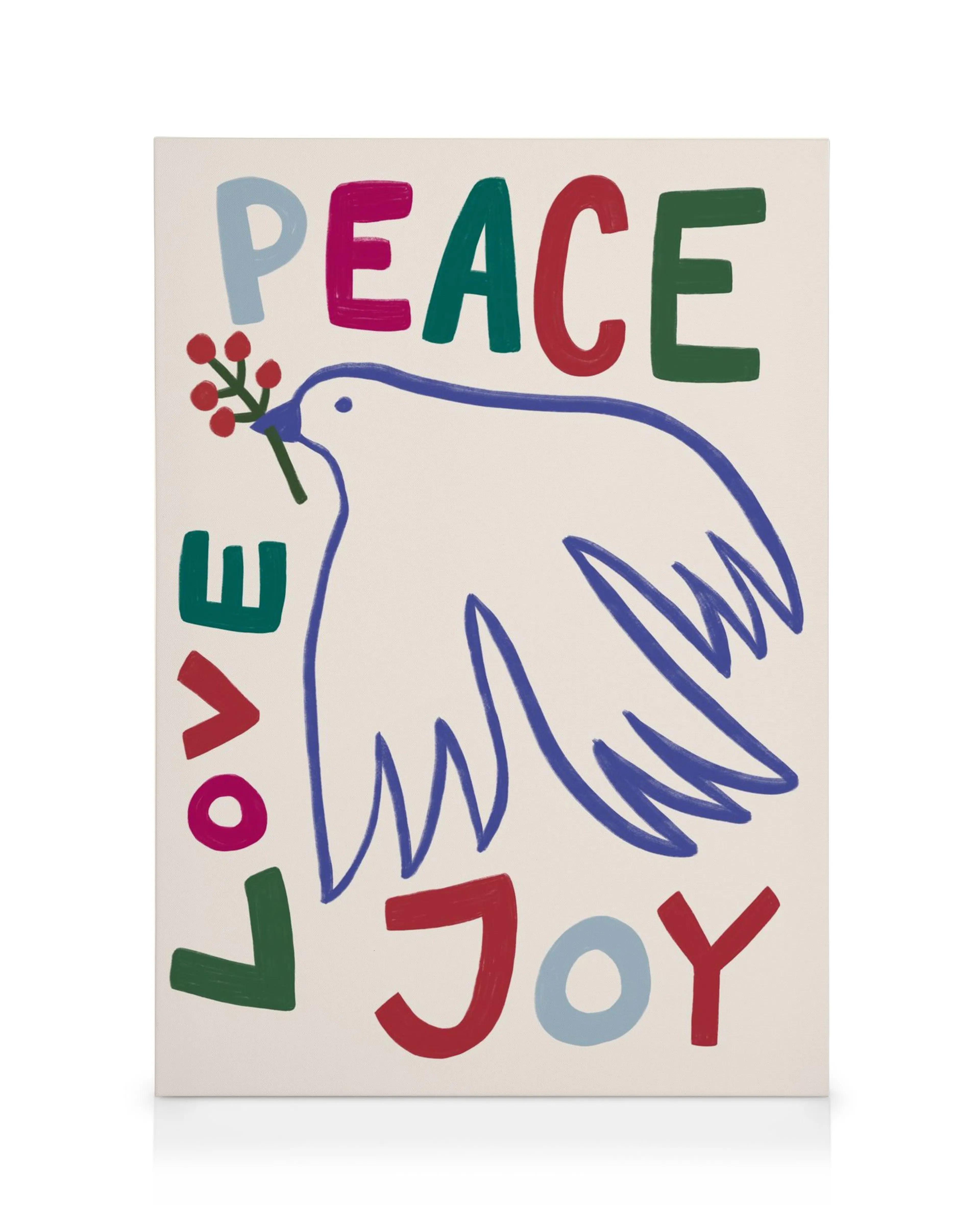 Lienzo blanco con paloma blanca de estilo dibujado sosteniendo una rama de olivo, con las palabras Peace Love Joy en letras colo