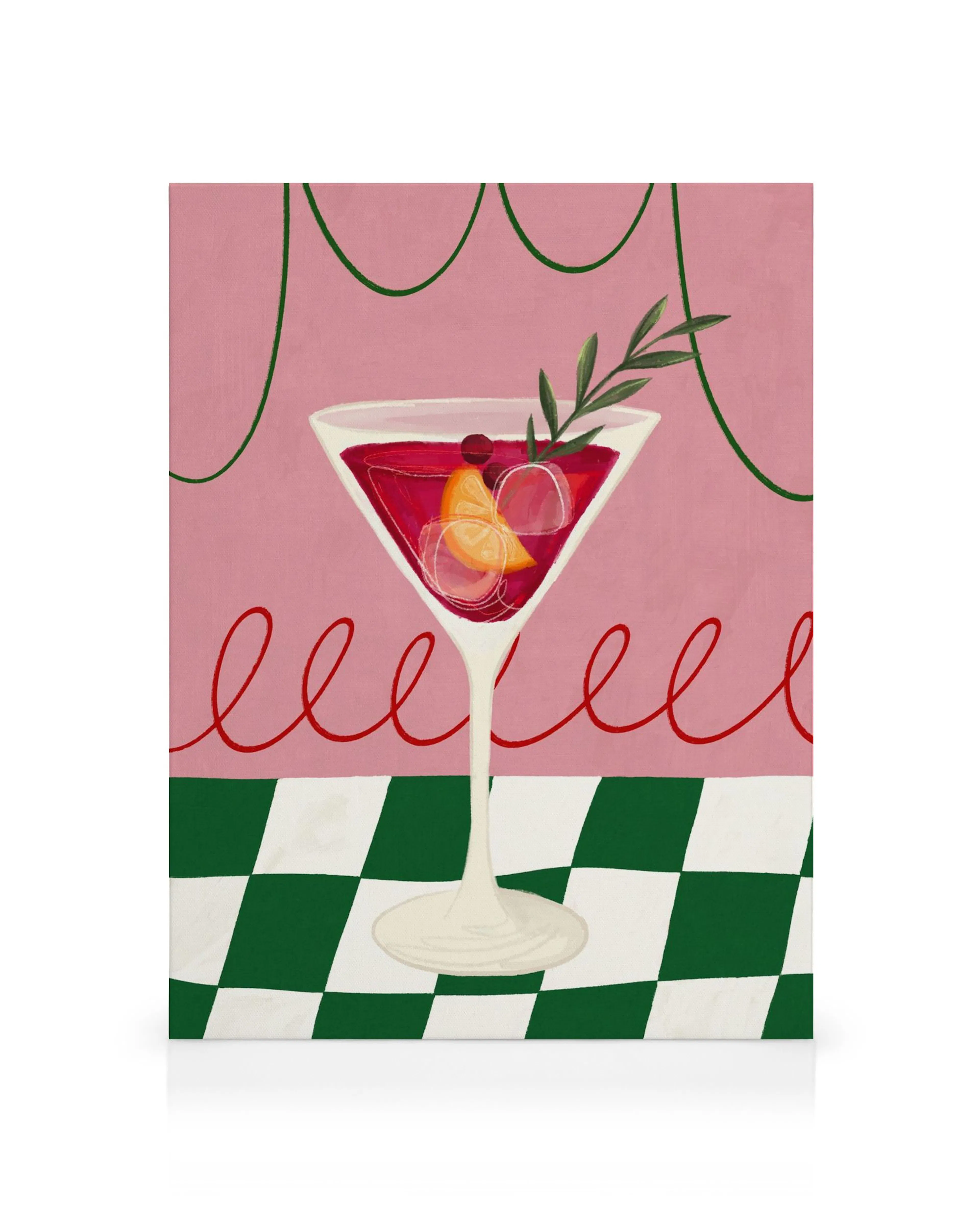 Lienzo de copa de martini con bebida roja, aderezos, fondo rosa y verde, y patrón de tablero de ajedrez.