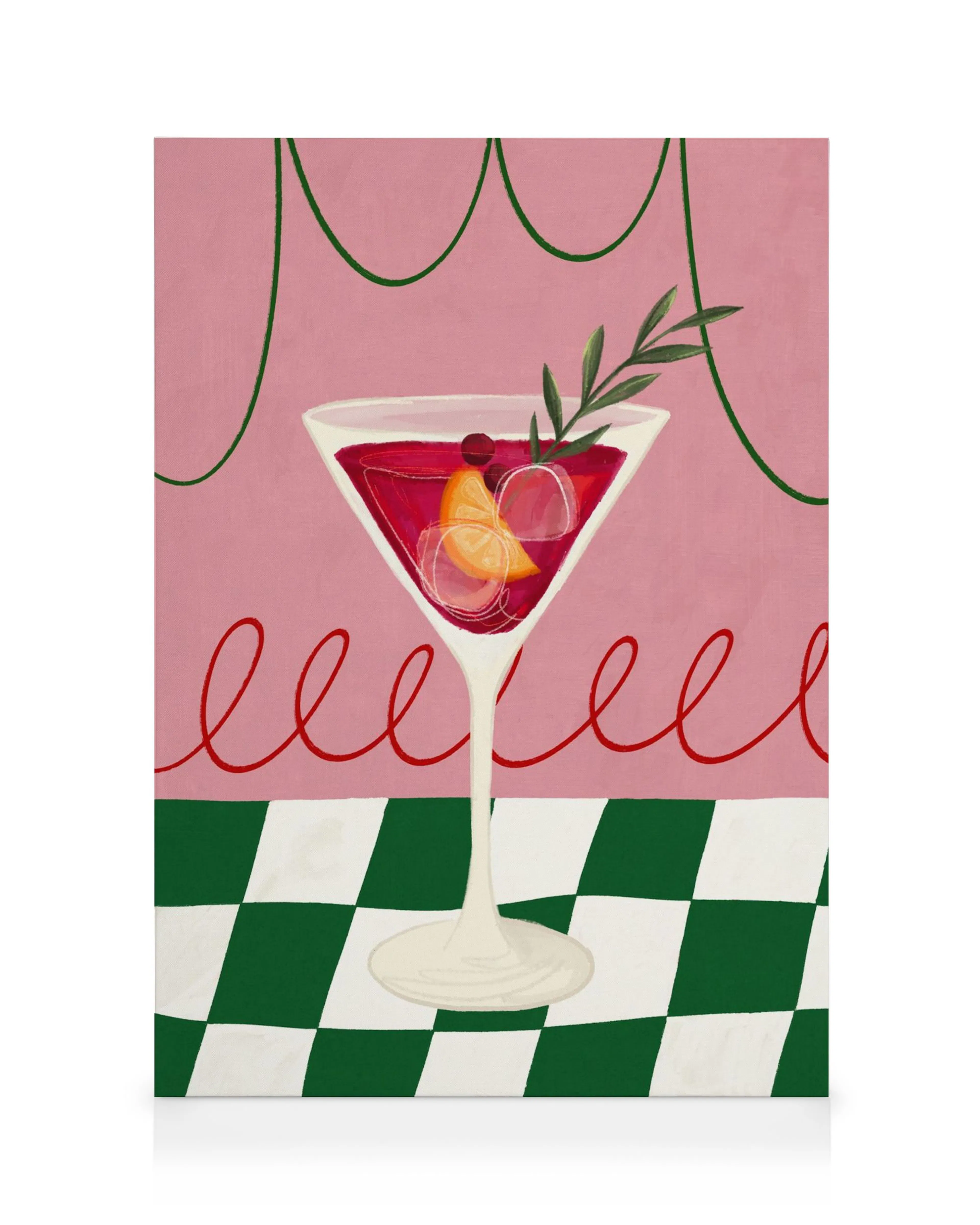 Toile dun verre à martini avec boisson rouge, garnitures et fond rose-vert amusant, évoquant une boisson estivale.