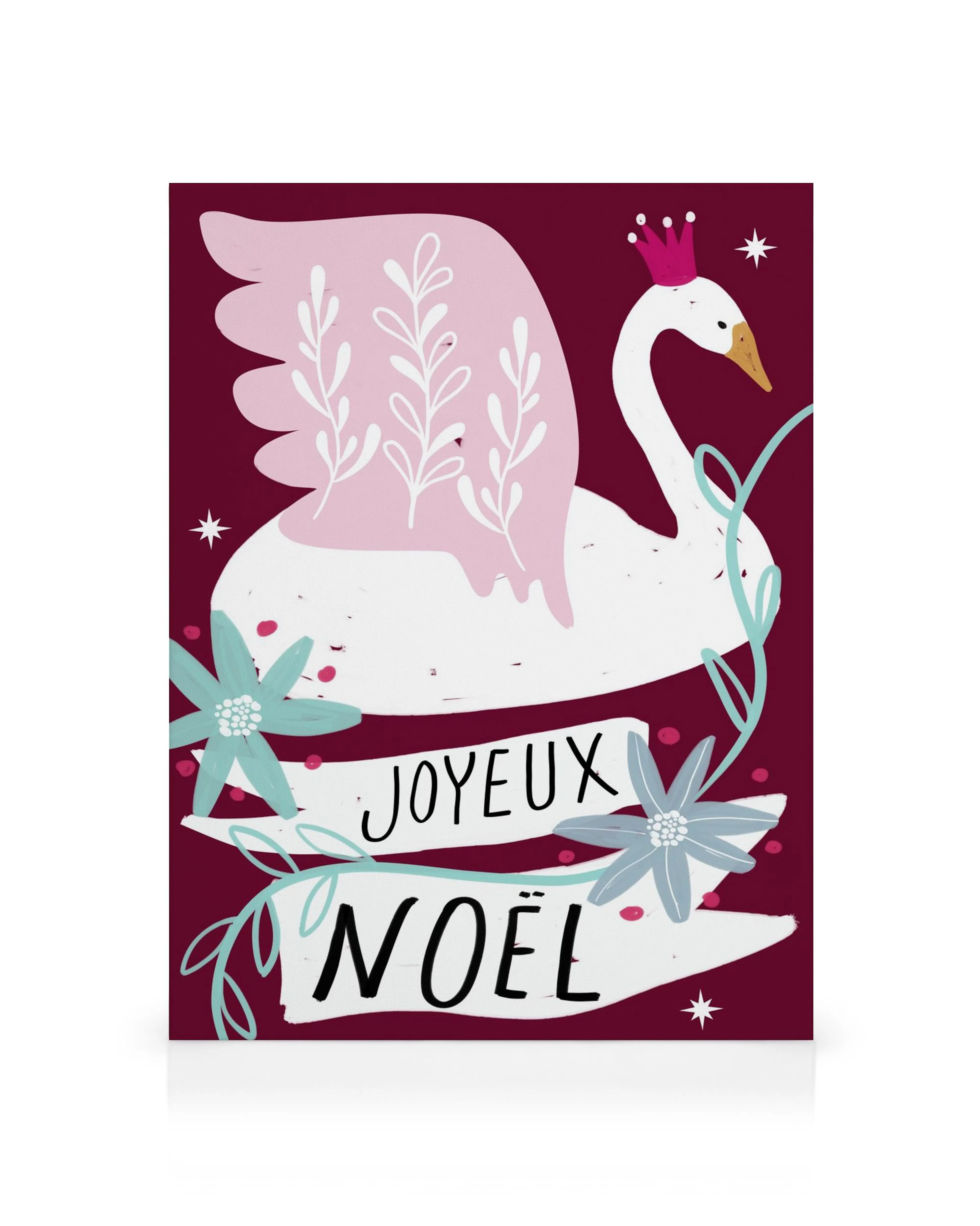 Weihnachtsschwan-Leinwandbild mit rosa Flügeln, Krone und Joyeux Noël-Schriftzug auf dunkelrotem Hintergrund.