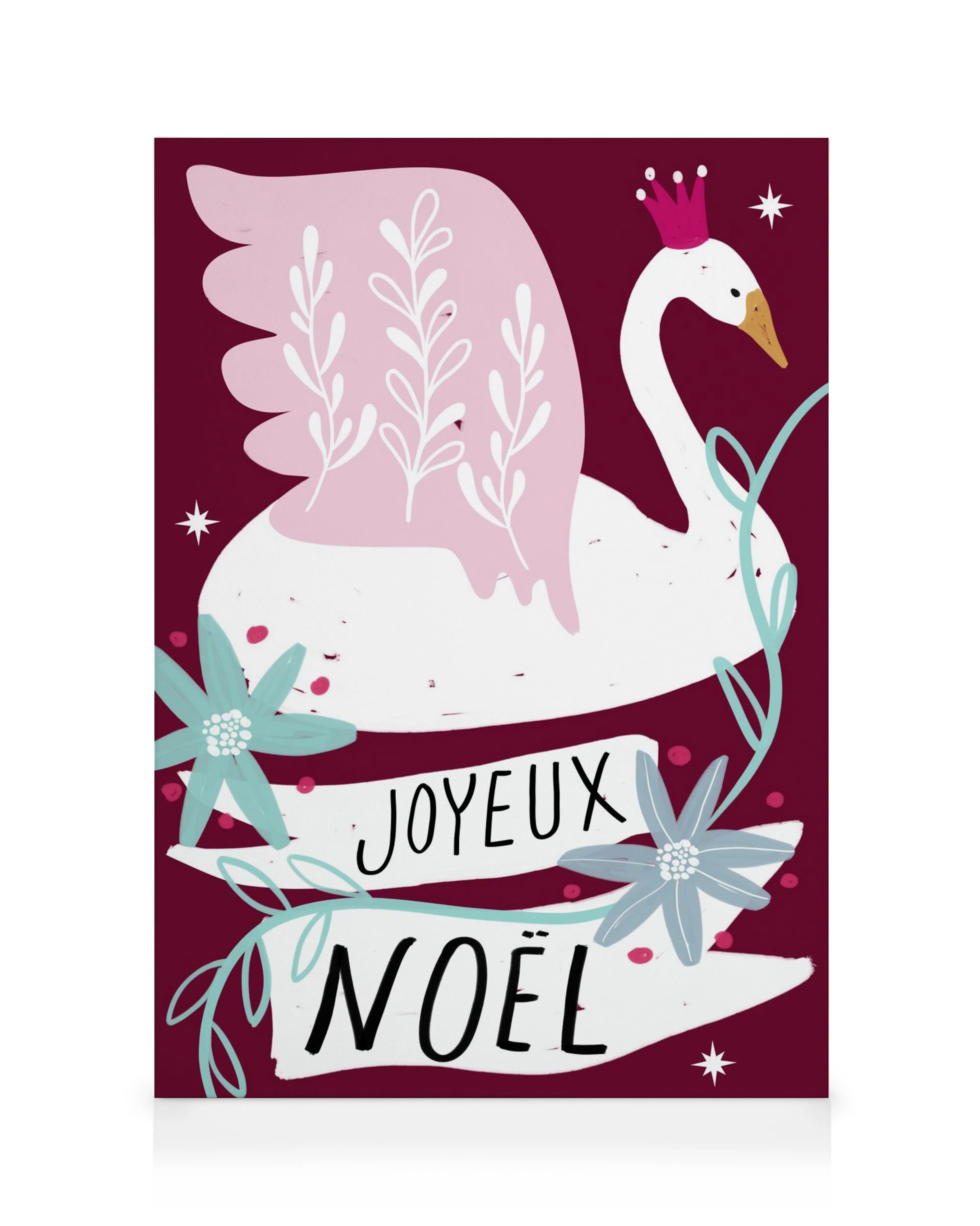 Noël Swan lærred kunst, hvid svane med lyserøde vinger, krone, blomster og Joyeux Noël tekst på mørkerød baggrund