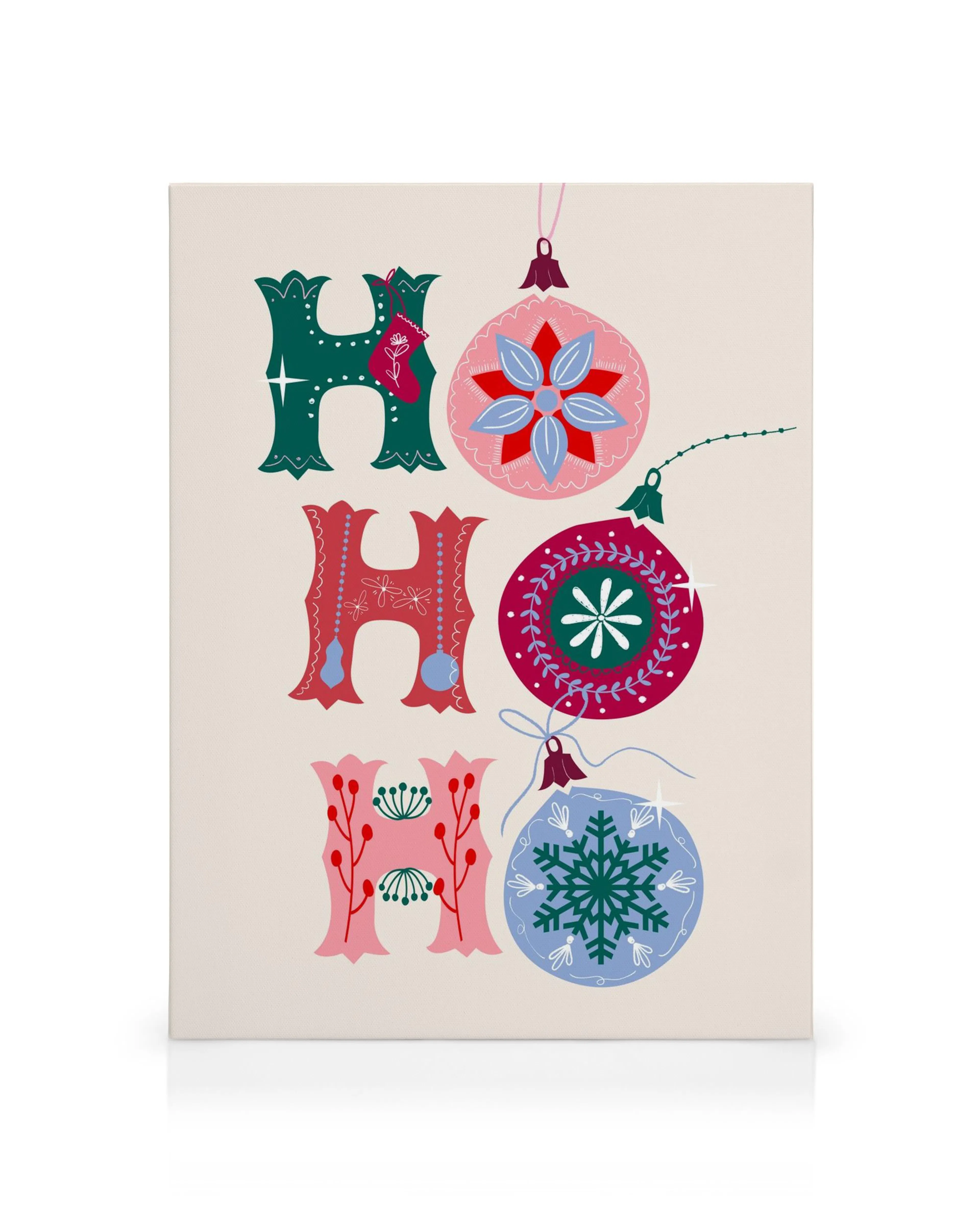 Ho Ho Ho canvas print with festive Christmas ornaments and colorful holiday typography.