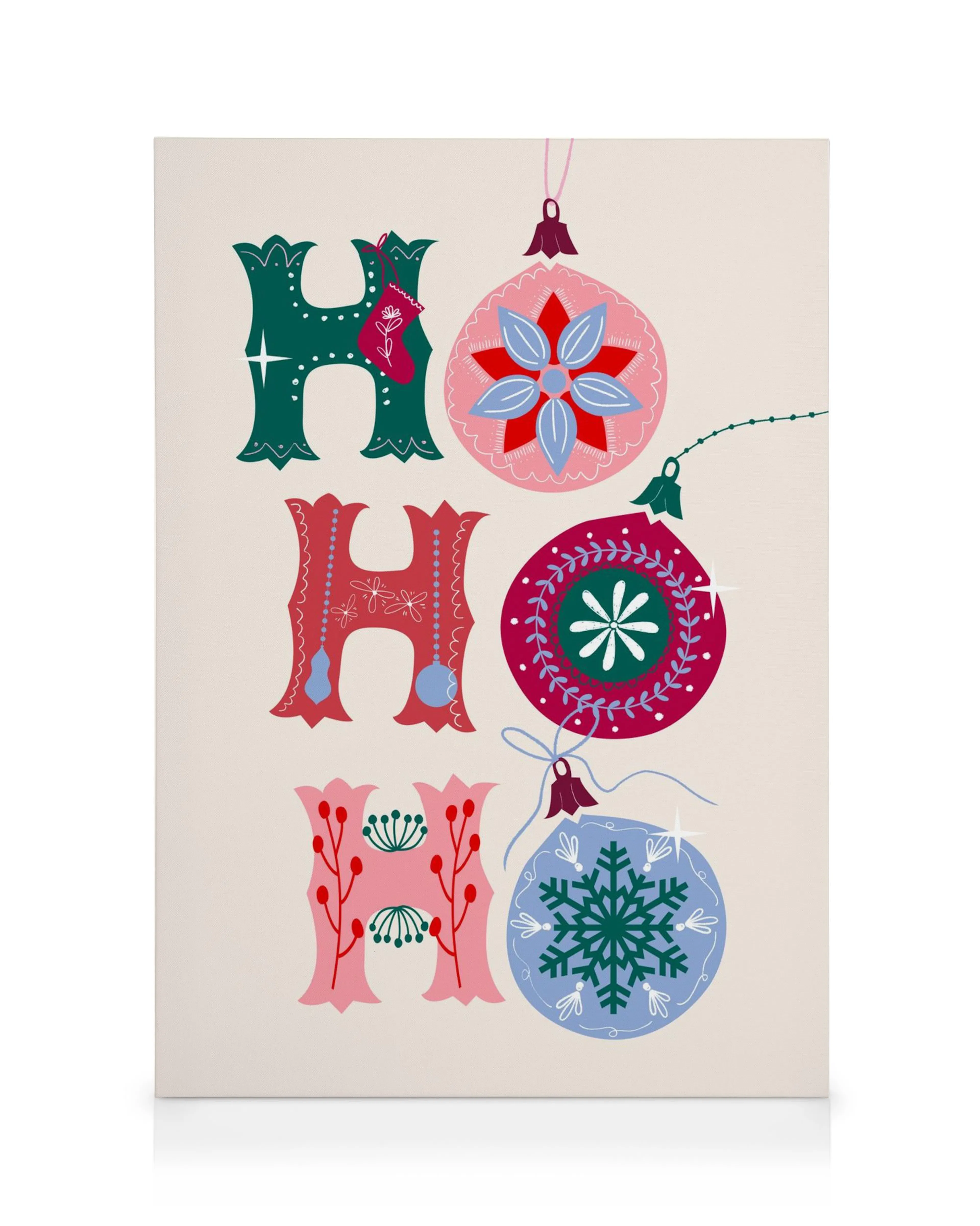 Toile Ho Ho Ho avec typographie verte, rouge et rose et décorations de Noël à motifs sur fond beige
