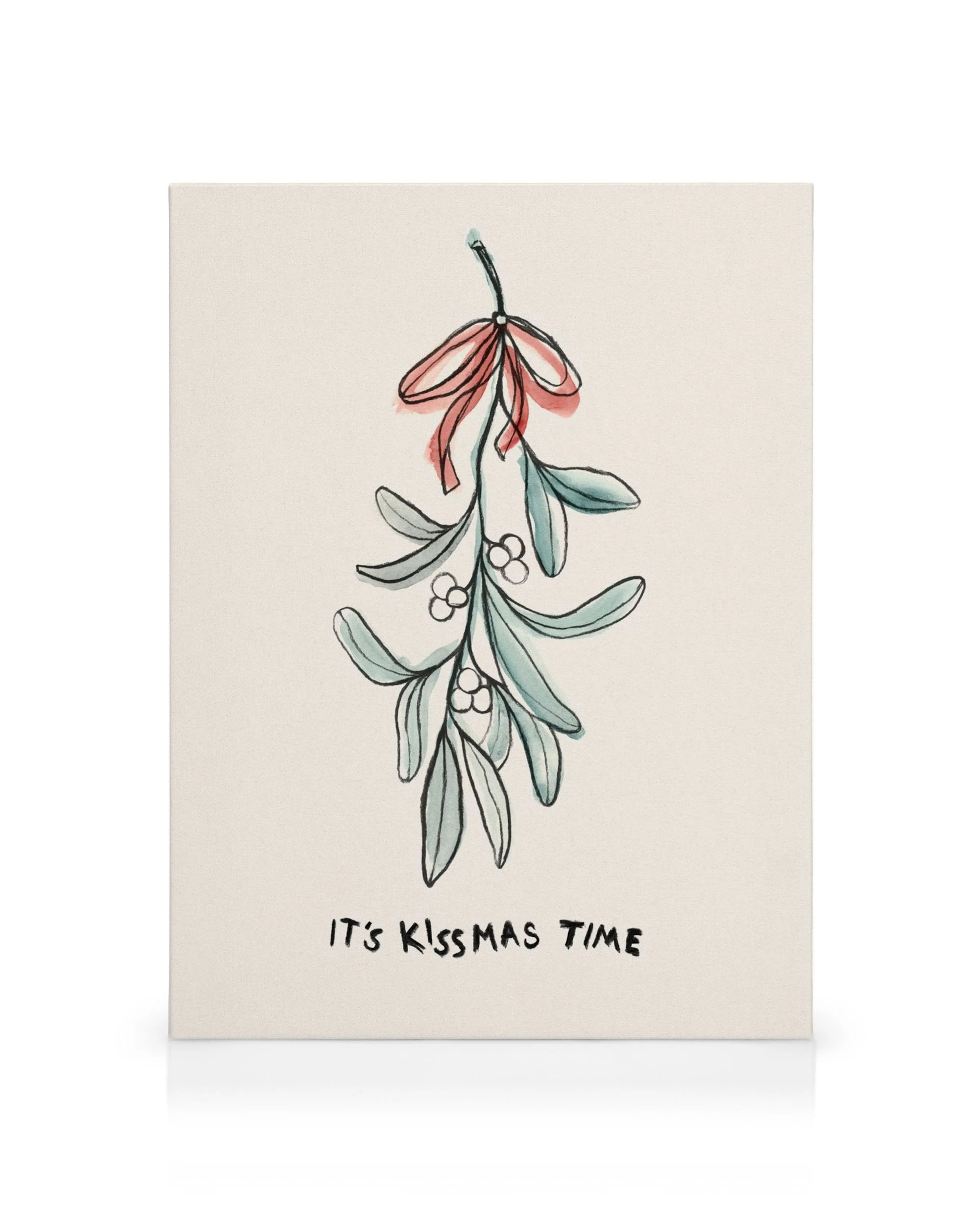 Handgeschilderde maretak met rode strik en de tekst Its Kissmas Time op canvas, kerstdecoratie.