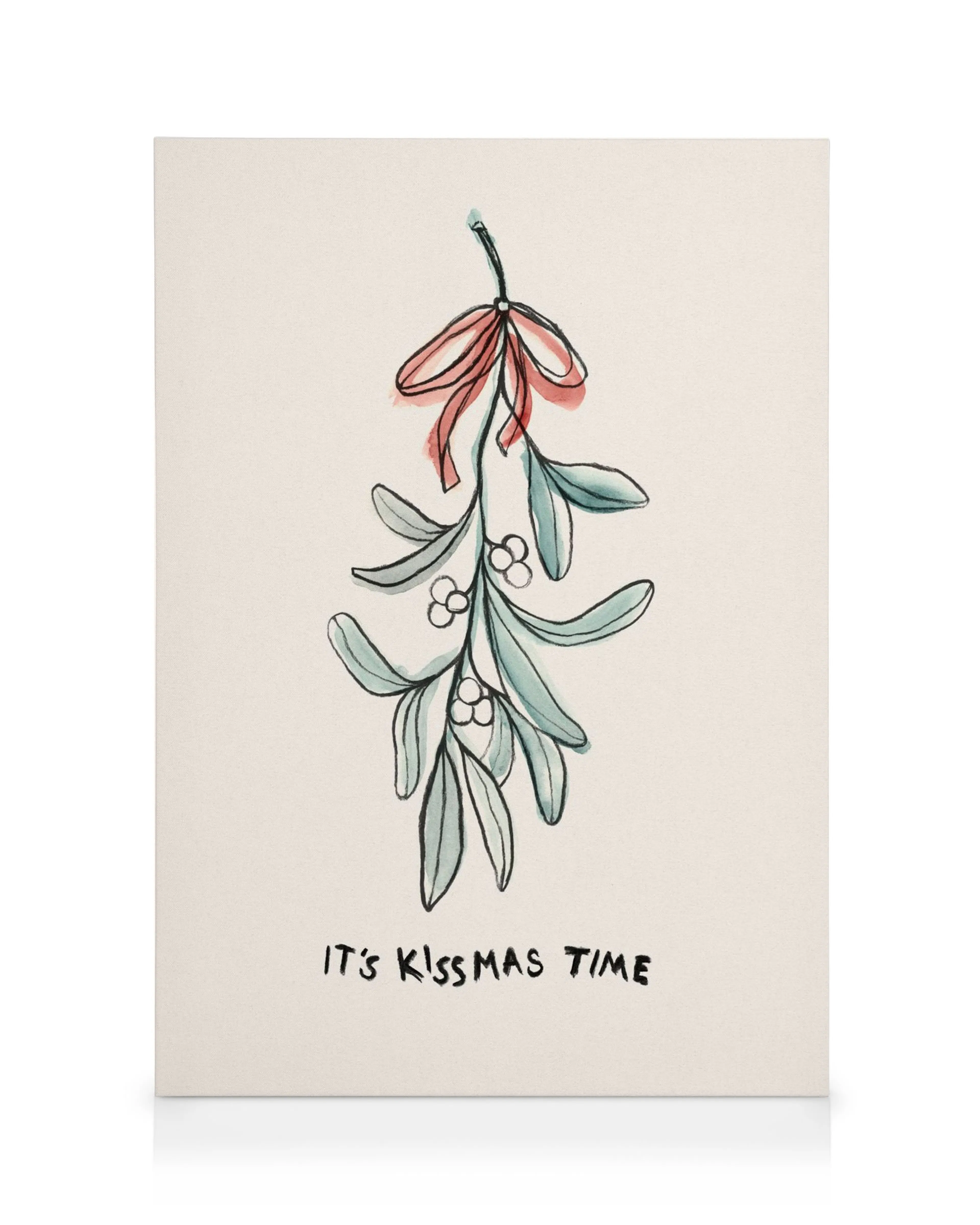 Stampa su tela con ramo di vischio, foglie verdi, bacche bianche, nastro rosso e testo Its Kissmas Time.