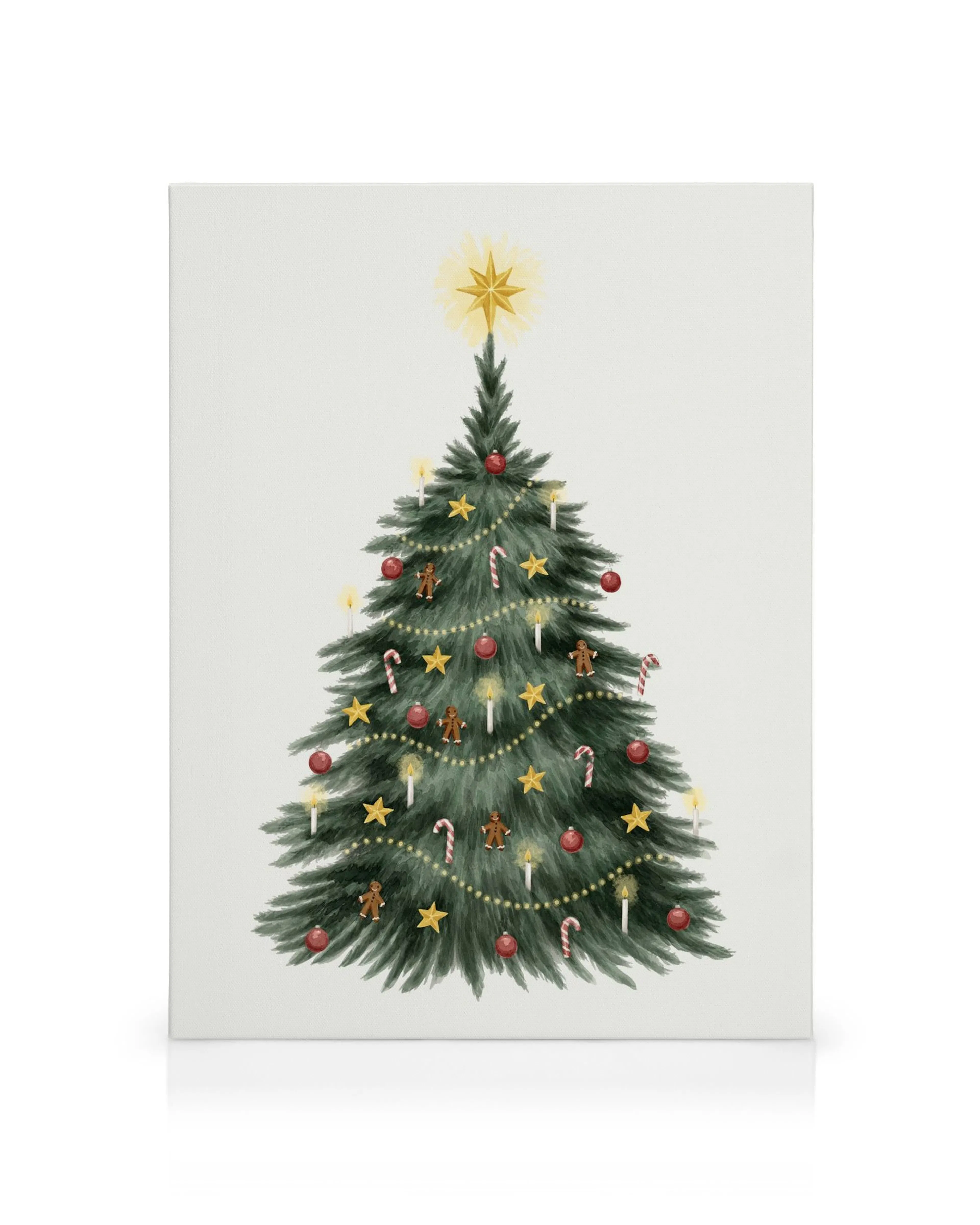Árbol de Navidad festivo con adornos rojos, estrellas amarillas, bastones de caramelo y luces, sobre fondo blanco.