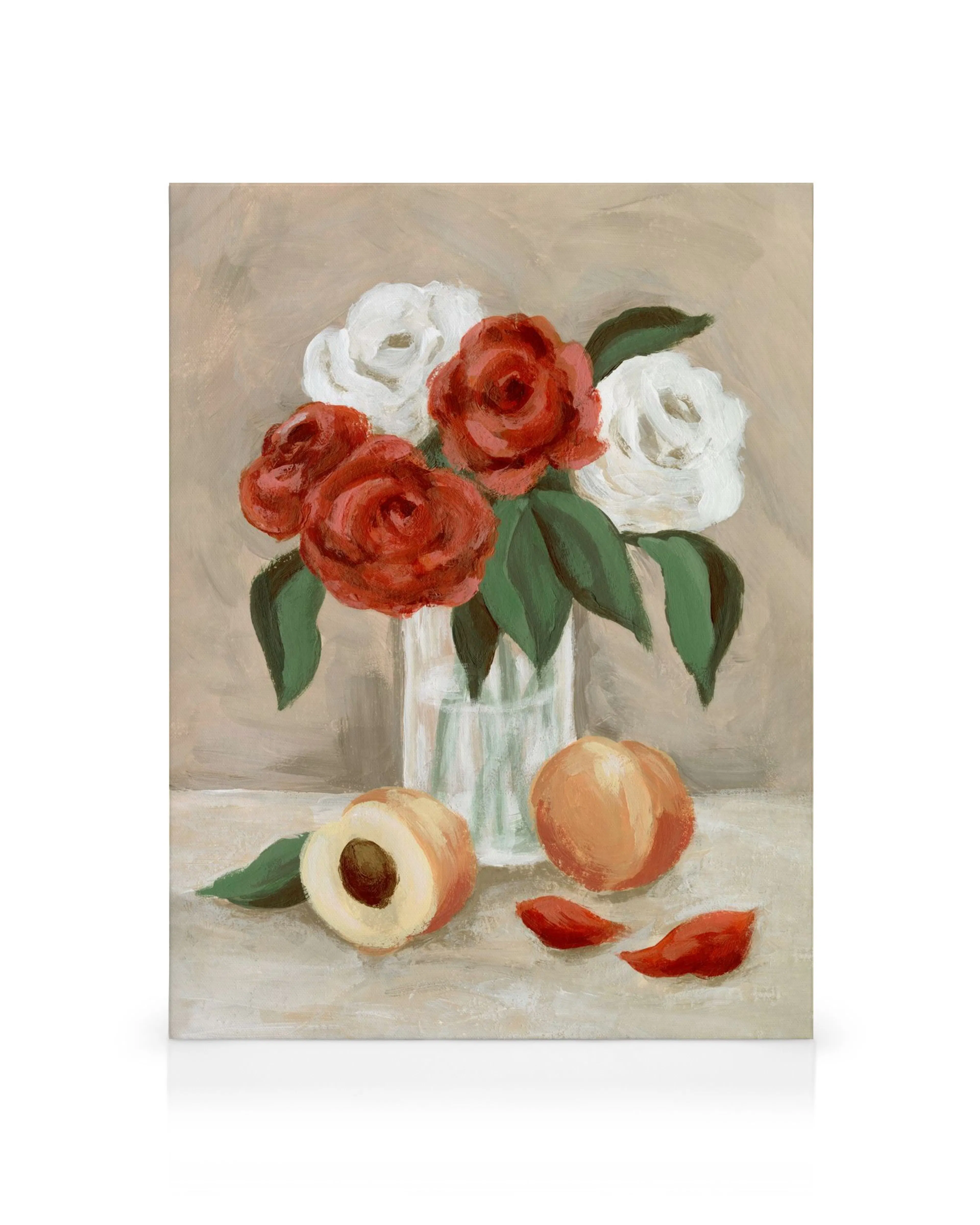 Canvas print of red and white flowers in a vase with peaches on a beige background, perfect for a canvas print.