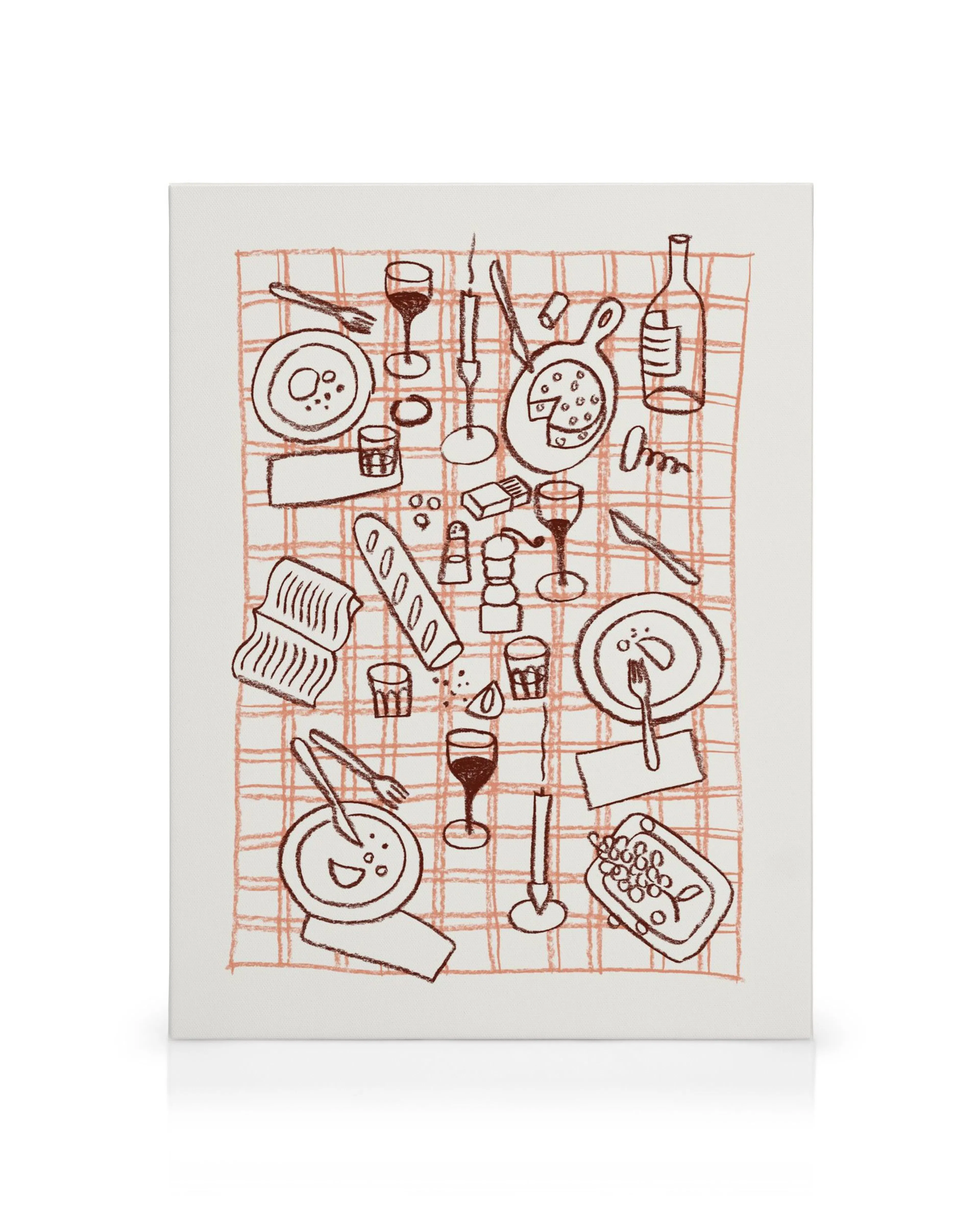 Lienzo de mesa dibujada con vino, comida y cubiertos sobre mantel de cuadros marrón y blanco.