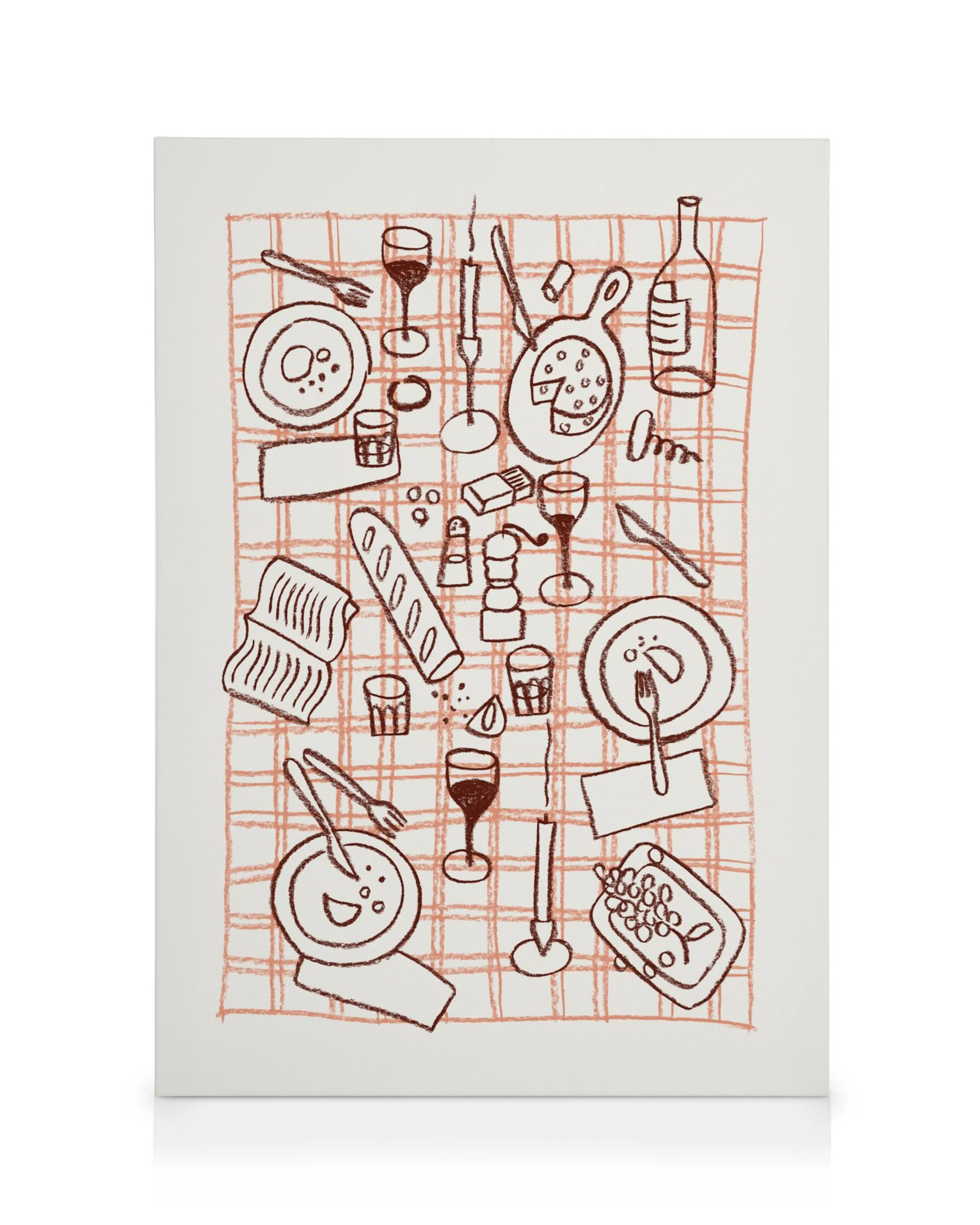 Toile La Table, dessin au trait brun de vaisselle et daliments sur fond blanc quadrillé