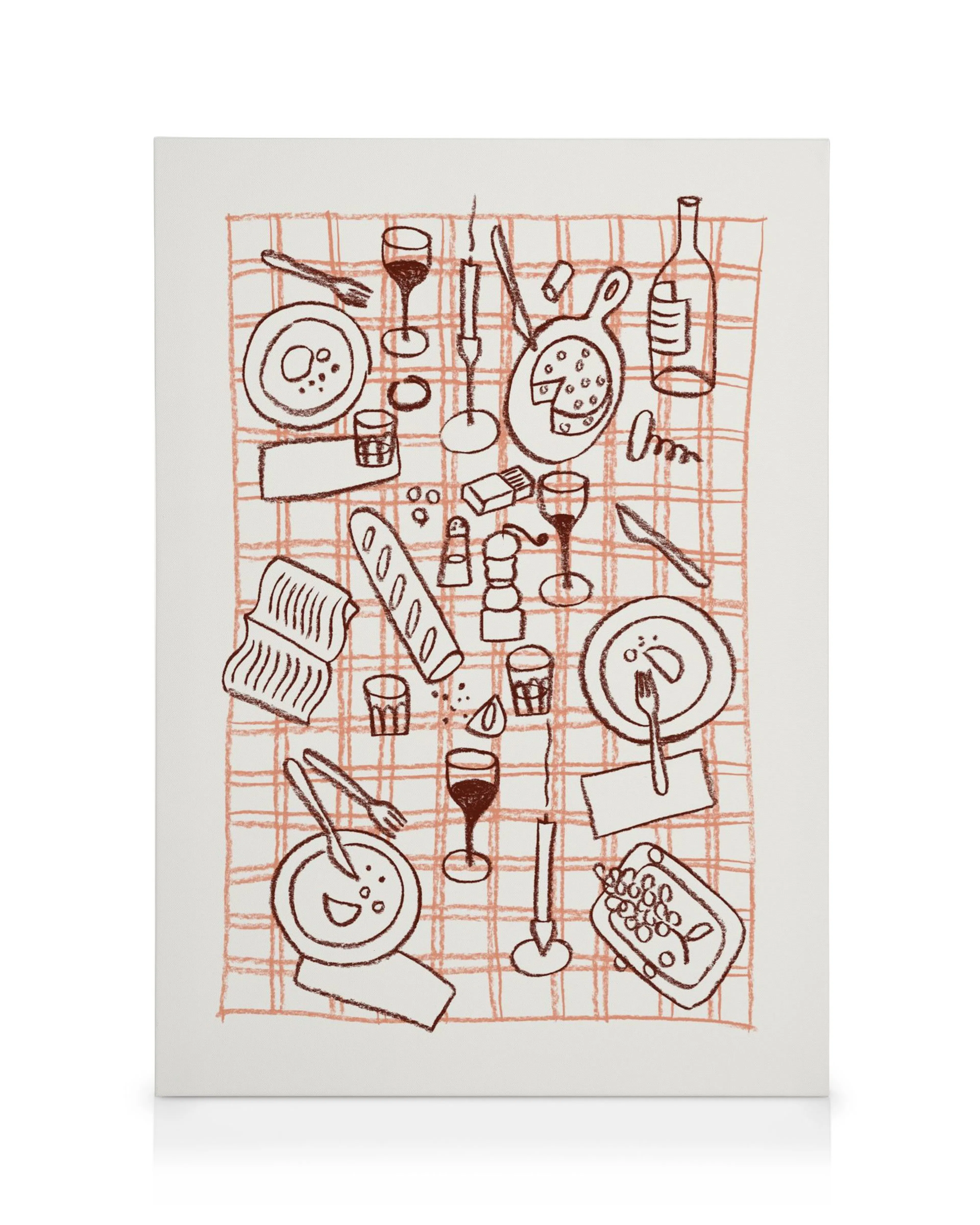 Brown line drawing of a dinner table spread on a white canvas, featuring various foods, dishes, and tableware.