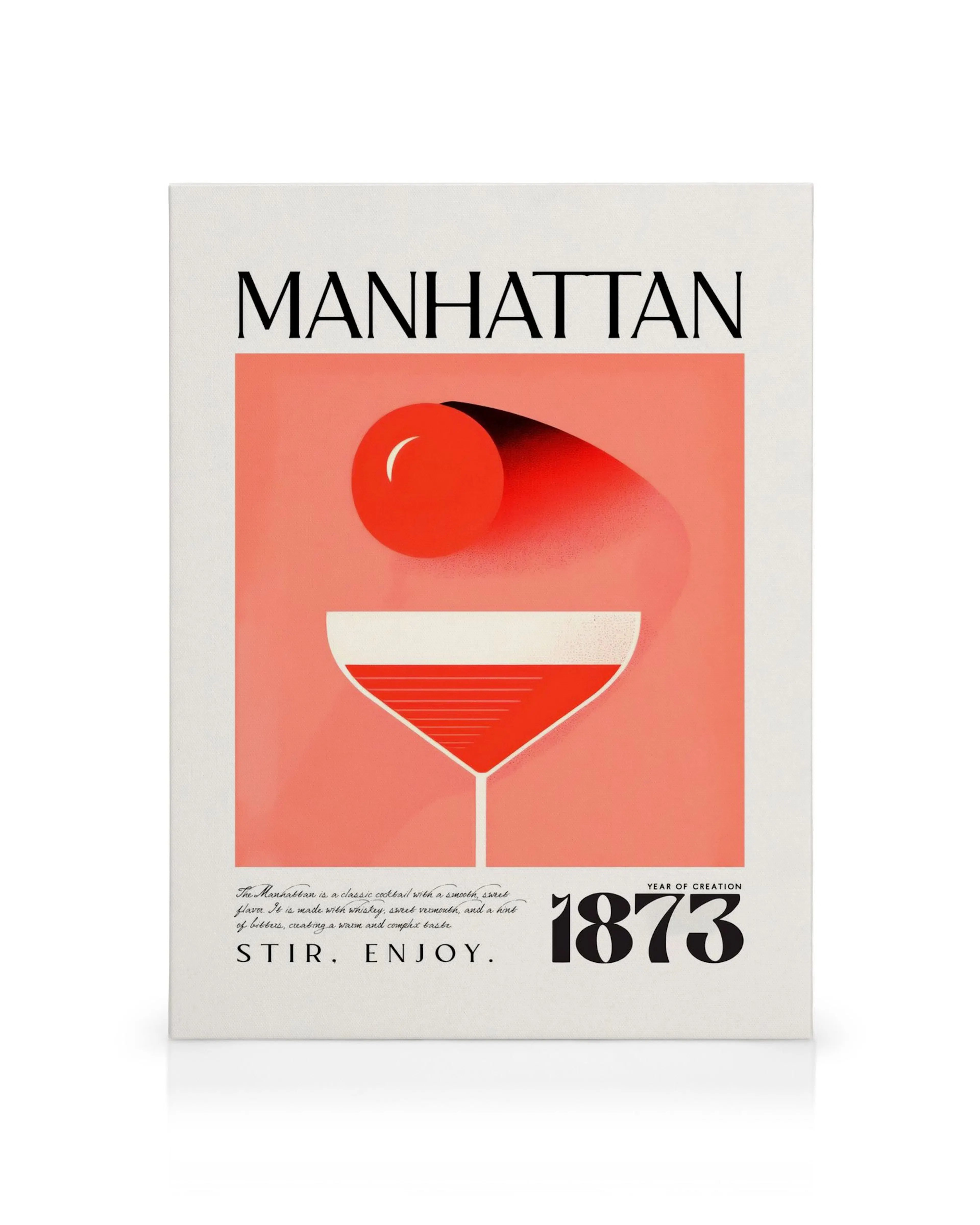Plátno s koktejlem Manhattan s třešní a textem, vintage recept na nápoj
