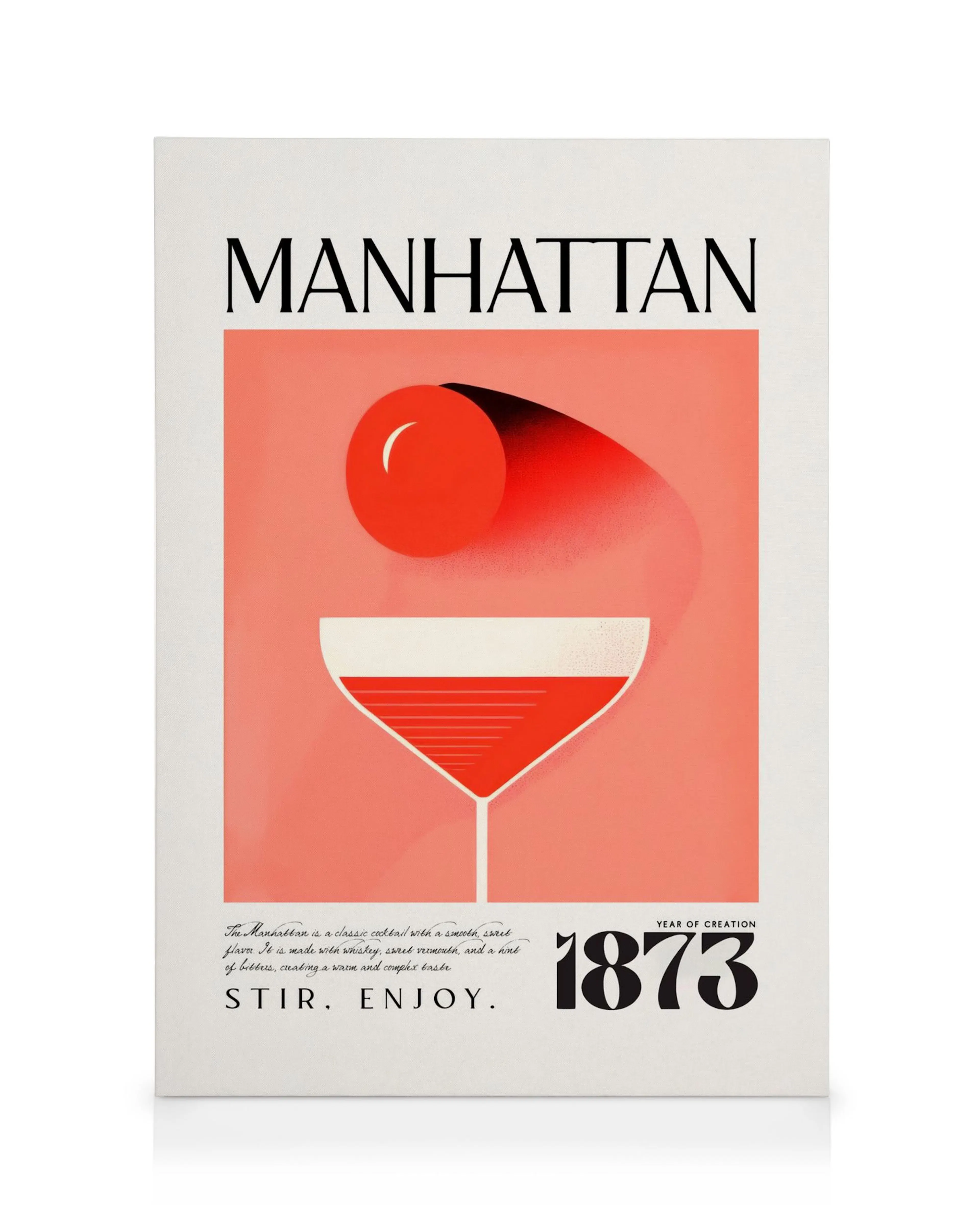 Vintage Manhattan cocktail canvas print, featuring a red drink in a coupe glass and an orange garnish.