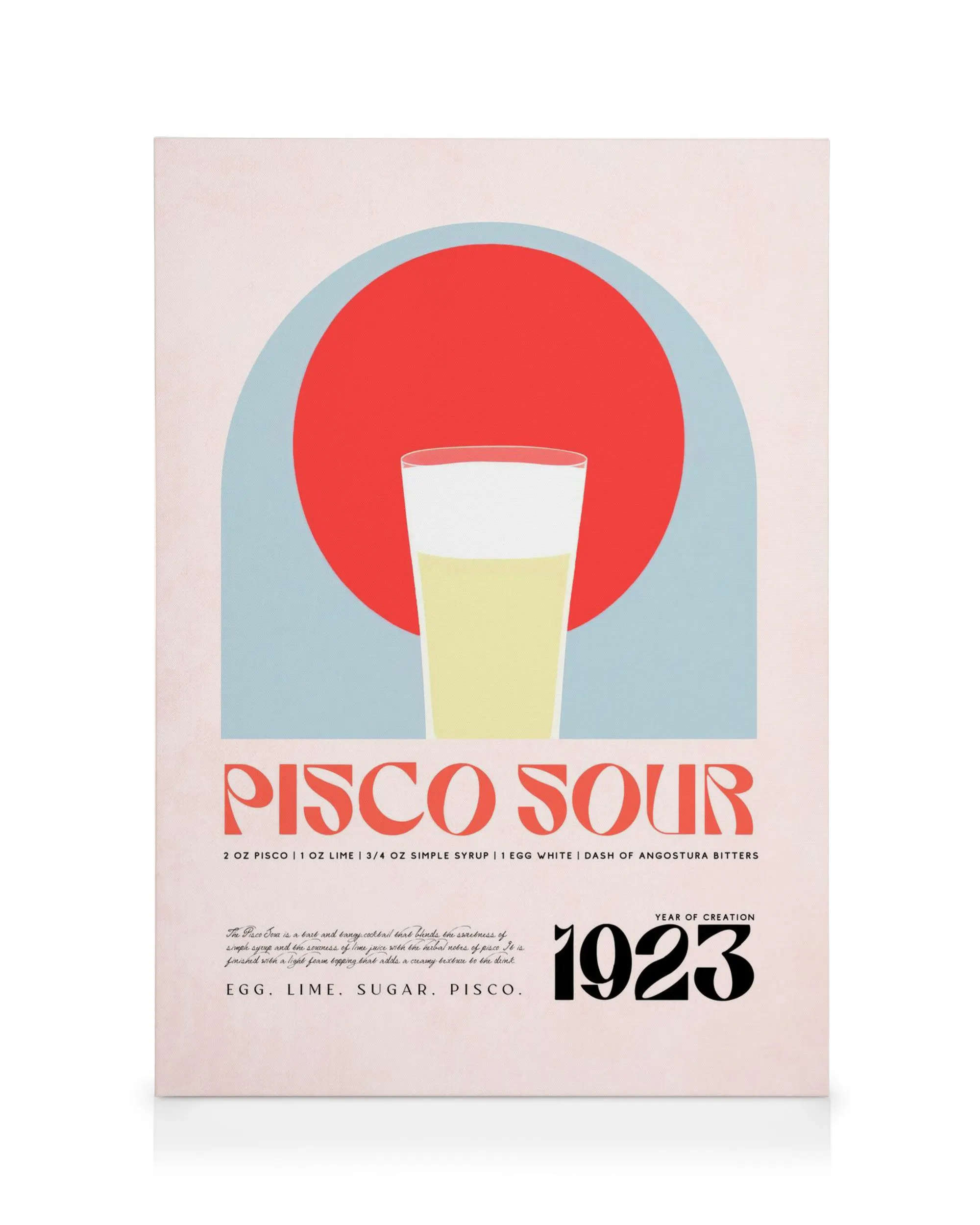 Pisco Sour classic recipe canvas print with cocktail illustration and historical text