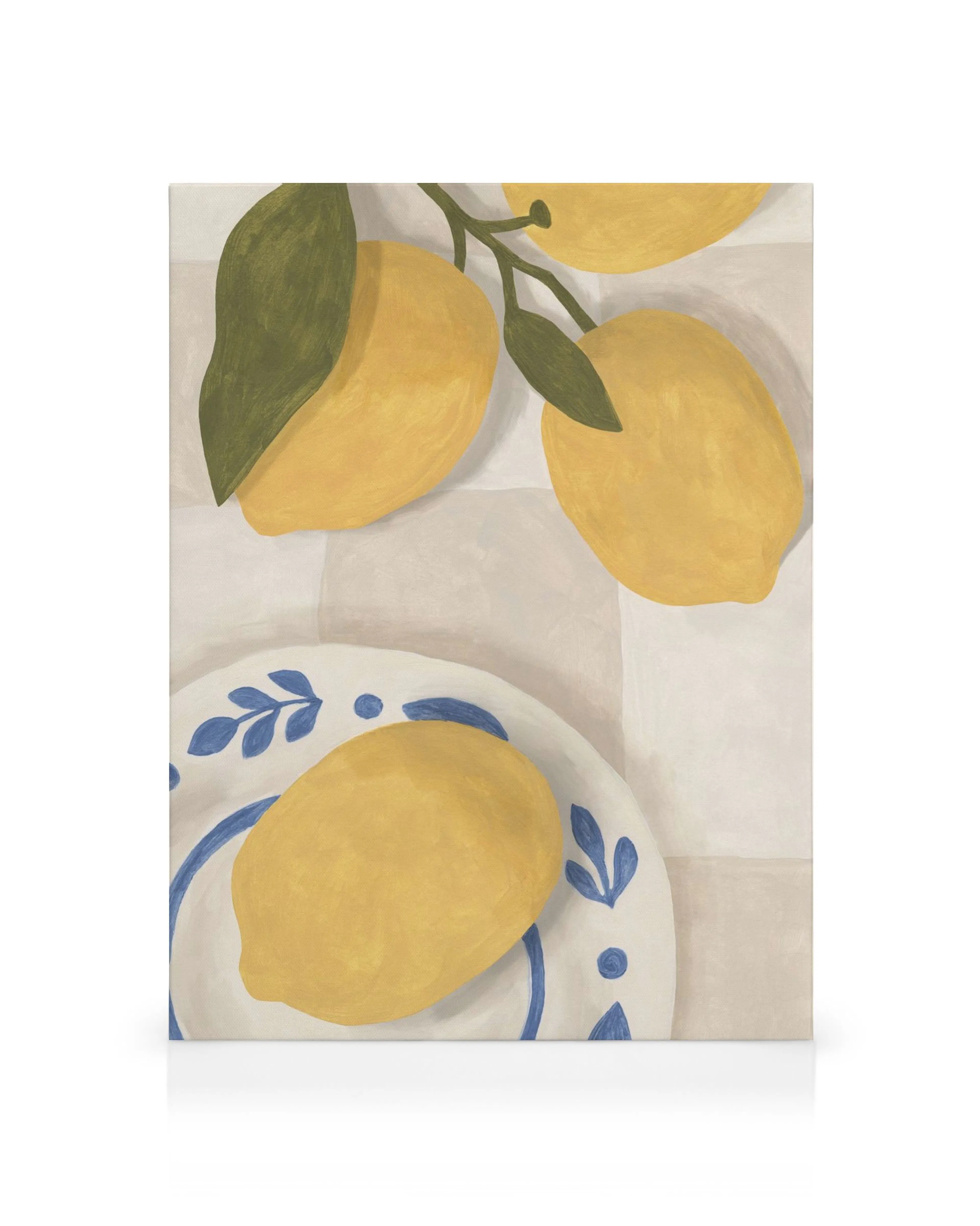 Vibrant lemon canvas print with visible brush strokes, fruit on a branch and a patterned plate