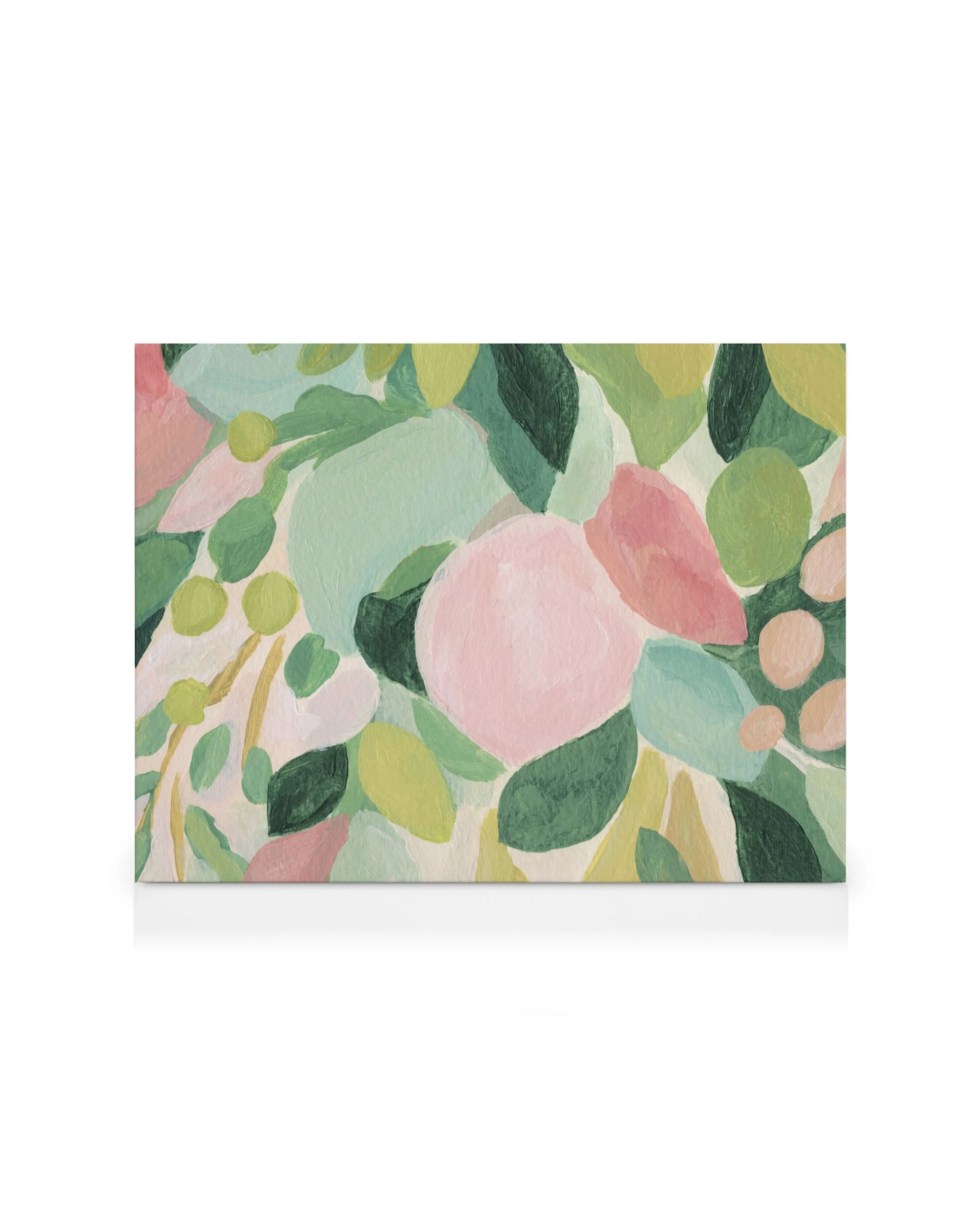 Abstract floral canvas print with pastel pink, green, and yellow shapes on a white background, textured finish.