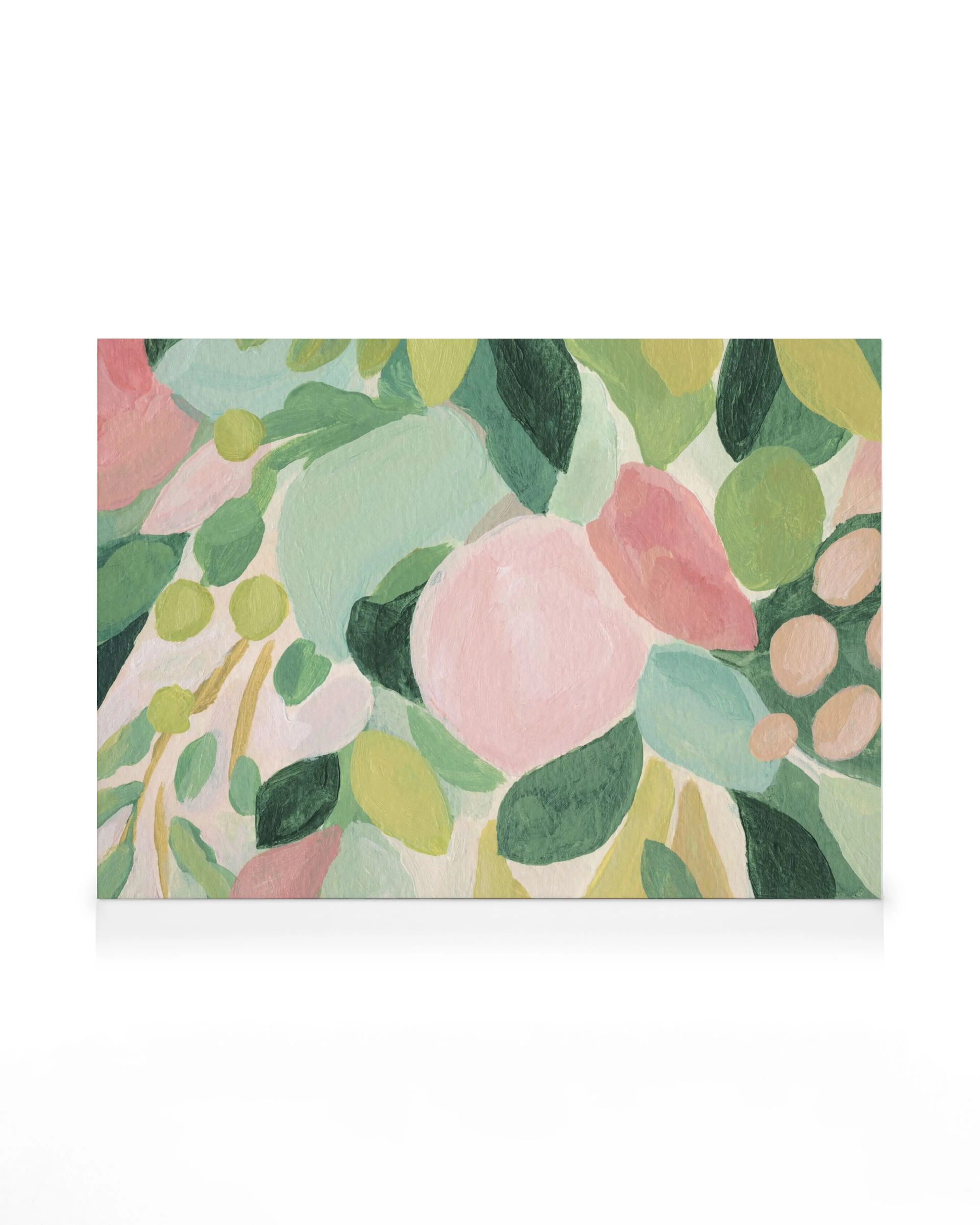 Acrylic botanical canvas print with soft pastel floral shapes in pink, green, and yellow on a white background.