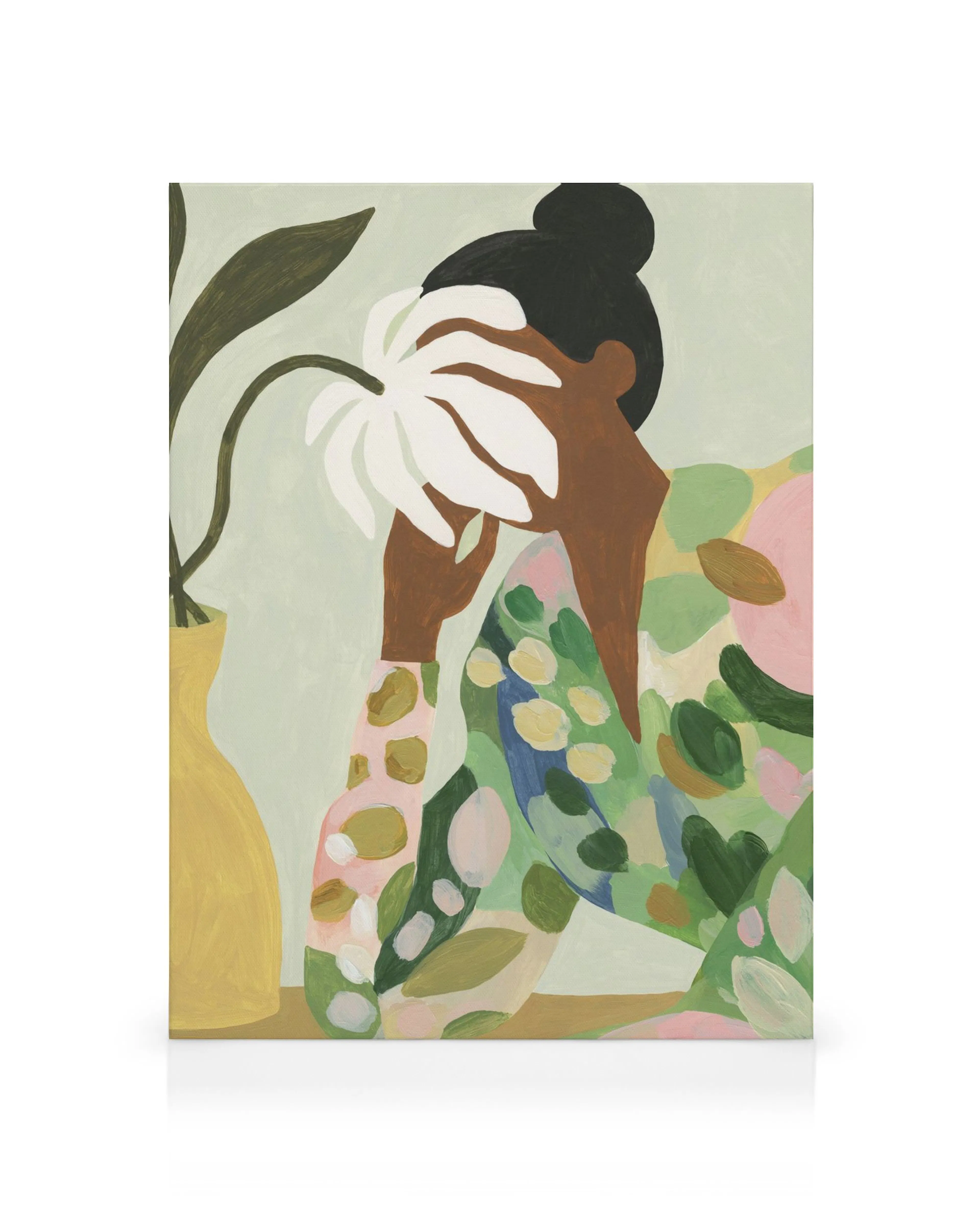 Acrylic Female Harmony canvas print depicting a woman with dark skin and hair bun, wearing a colorful, abstract patterned dress.
