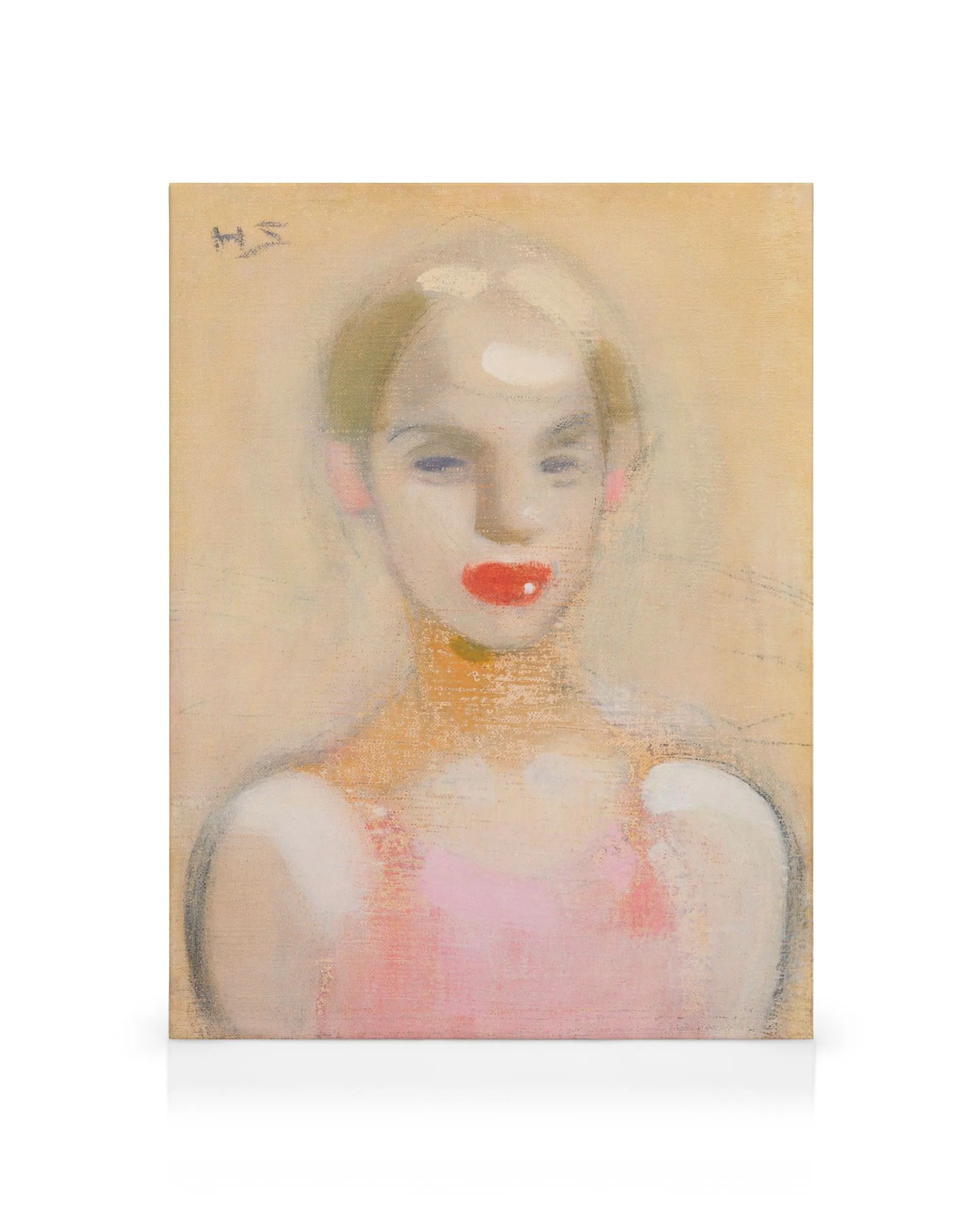 Pintura de una joven con labios rojos intensos y blusa rosa sobre un fondo beige, con un estilo etéreo y texturas suaves.