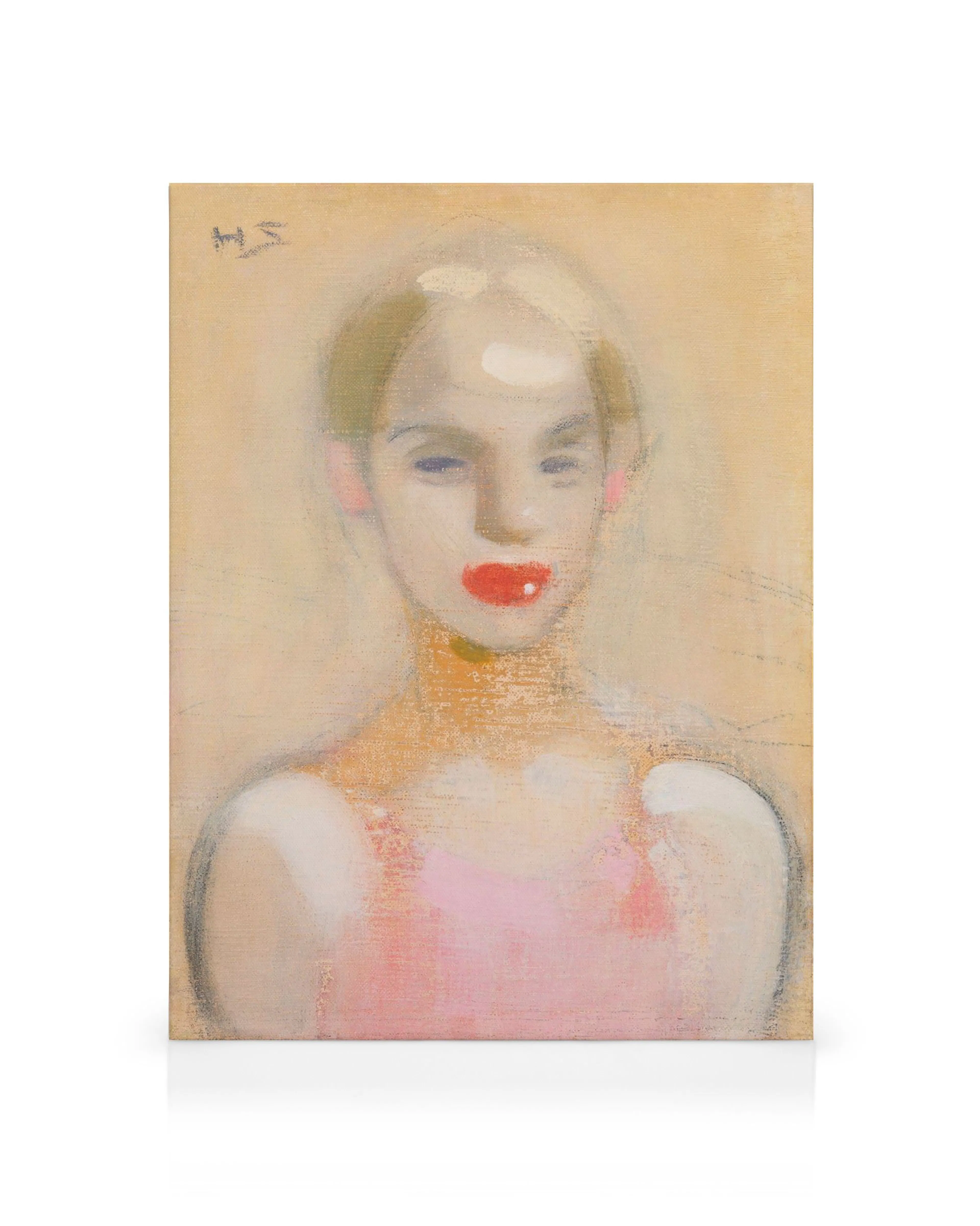 Helene Schujerfbecks Circus Girl oil painting featuring a pale woman with red lips and pink top.