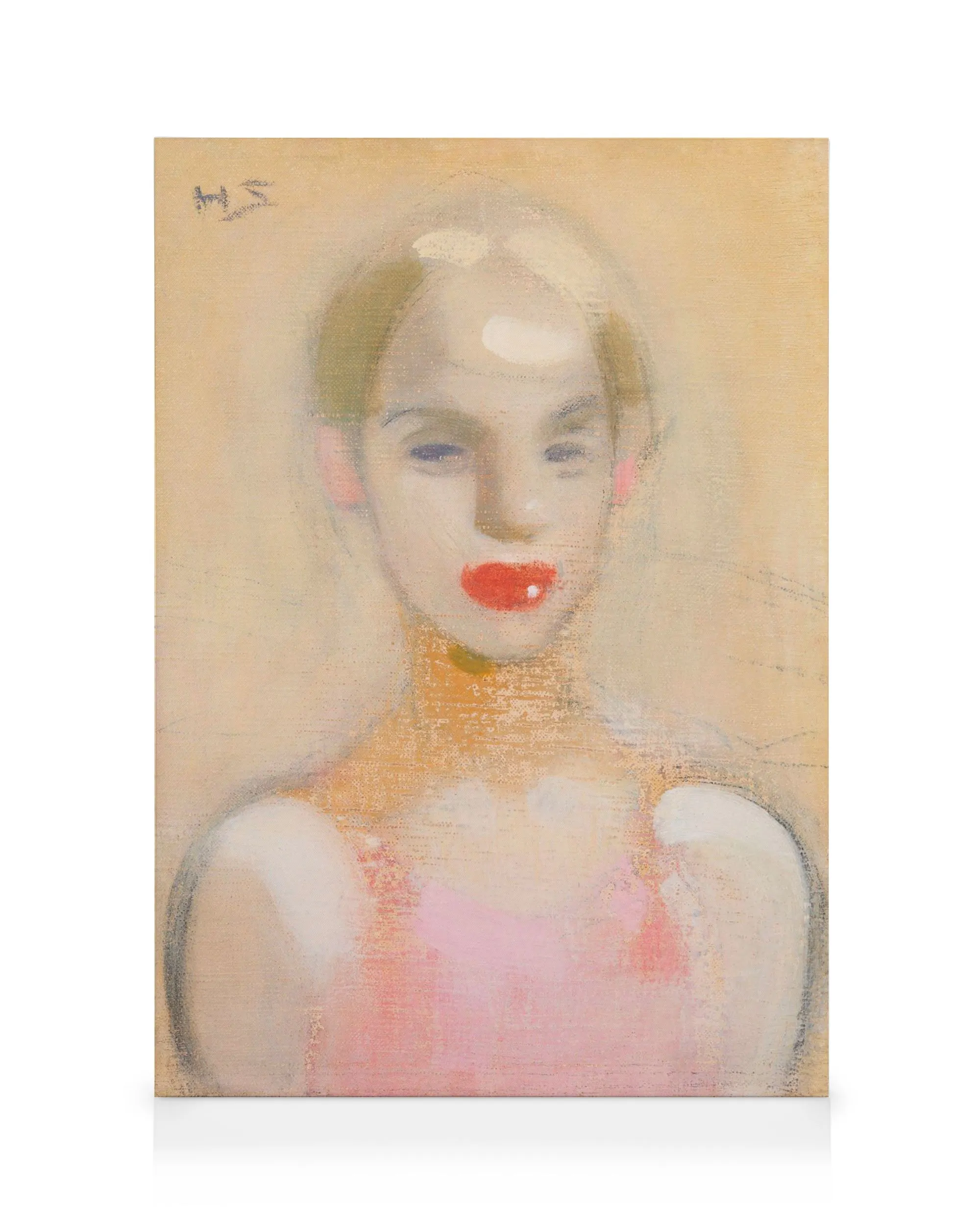 Helene Schjerfbeck Circuspige lærredstryk, kunstnerisk portræt med røde læber og lyserød kjole.