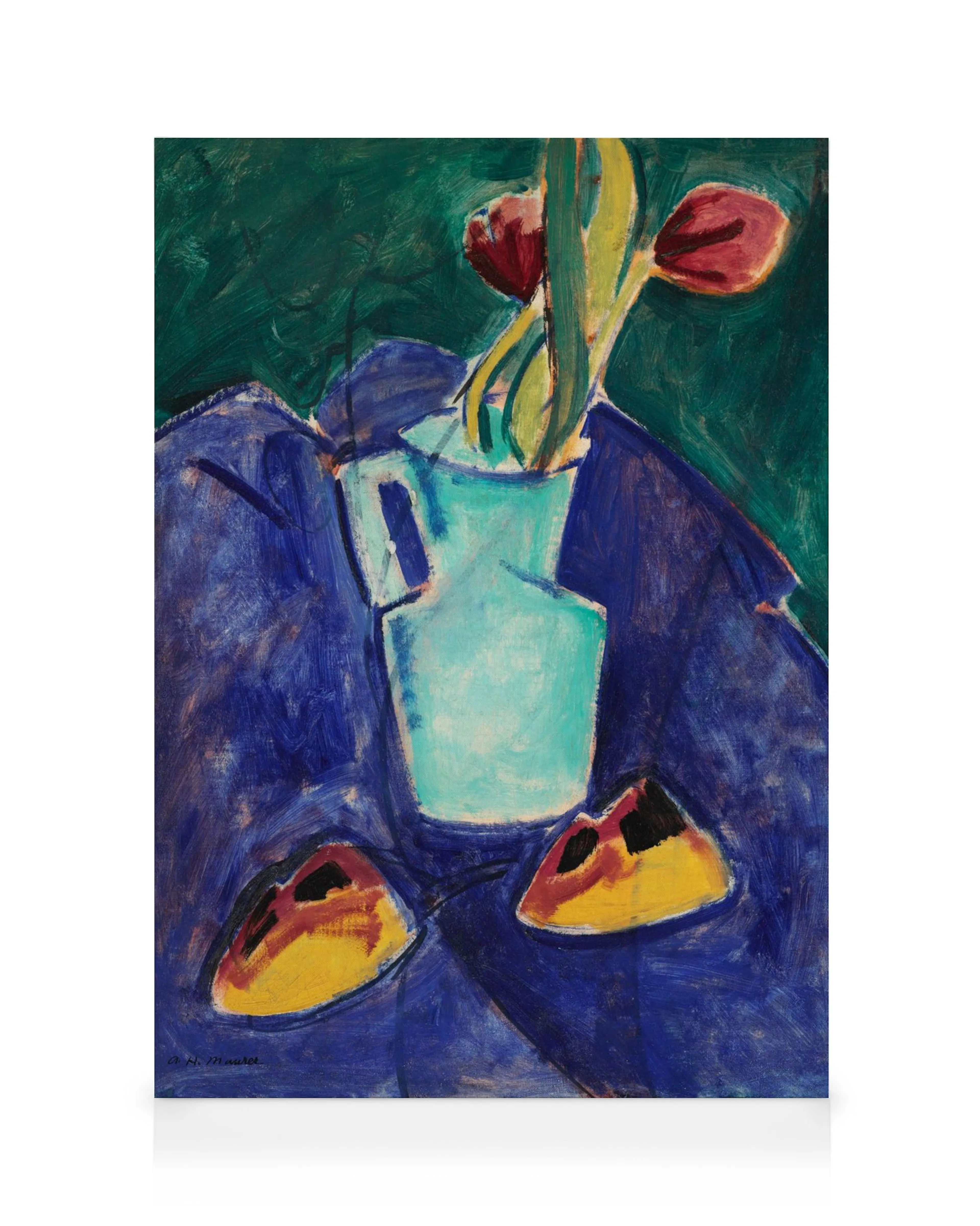 Stampa su tela vibrante di Alfred Henry Maurer: brocca blu con tulipani rossi su sfondo verde scuro, pennellate audaci.