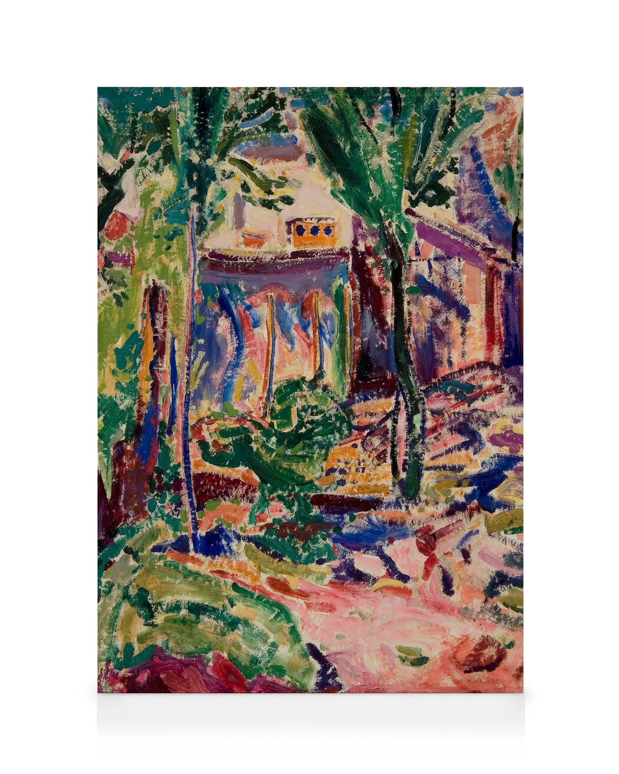 Alfred Henry Maurer abstrakt landskap med hus, träd och stig i livfulla penseldrag av grönt, blått, lila, rosa och gult.