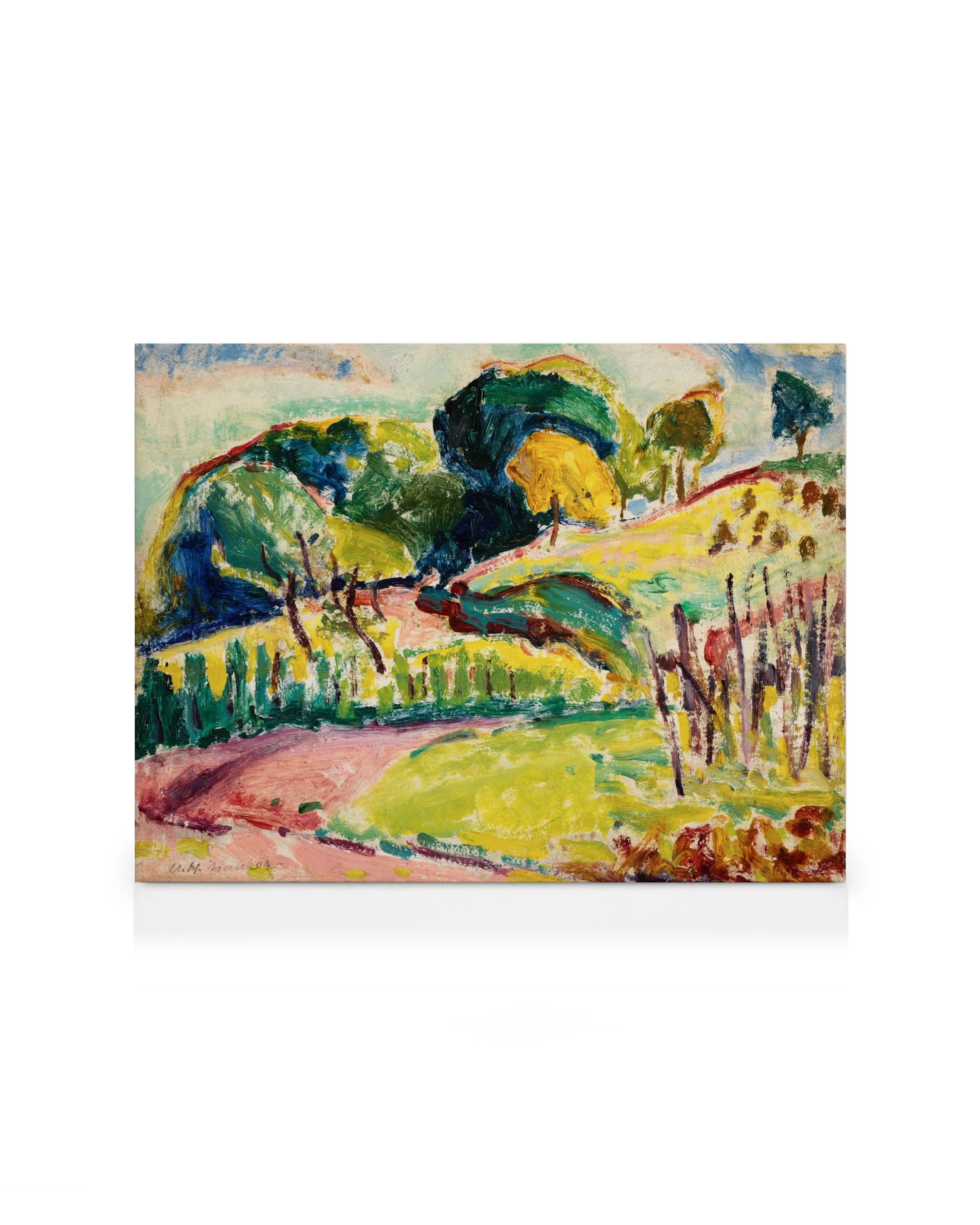 Alfred Henry Maurers Hills canvas print, a vibrant Expressionist landscape with rolling green and yellow hills, thick trees, and